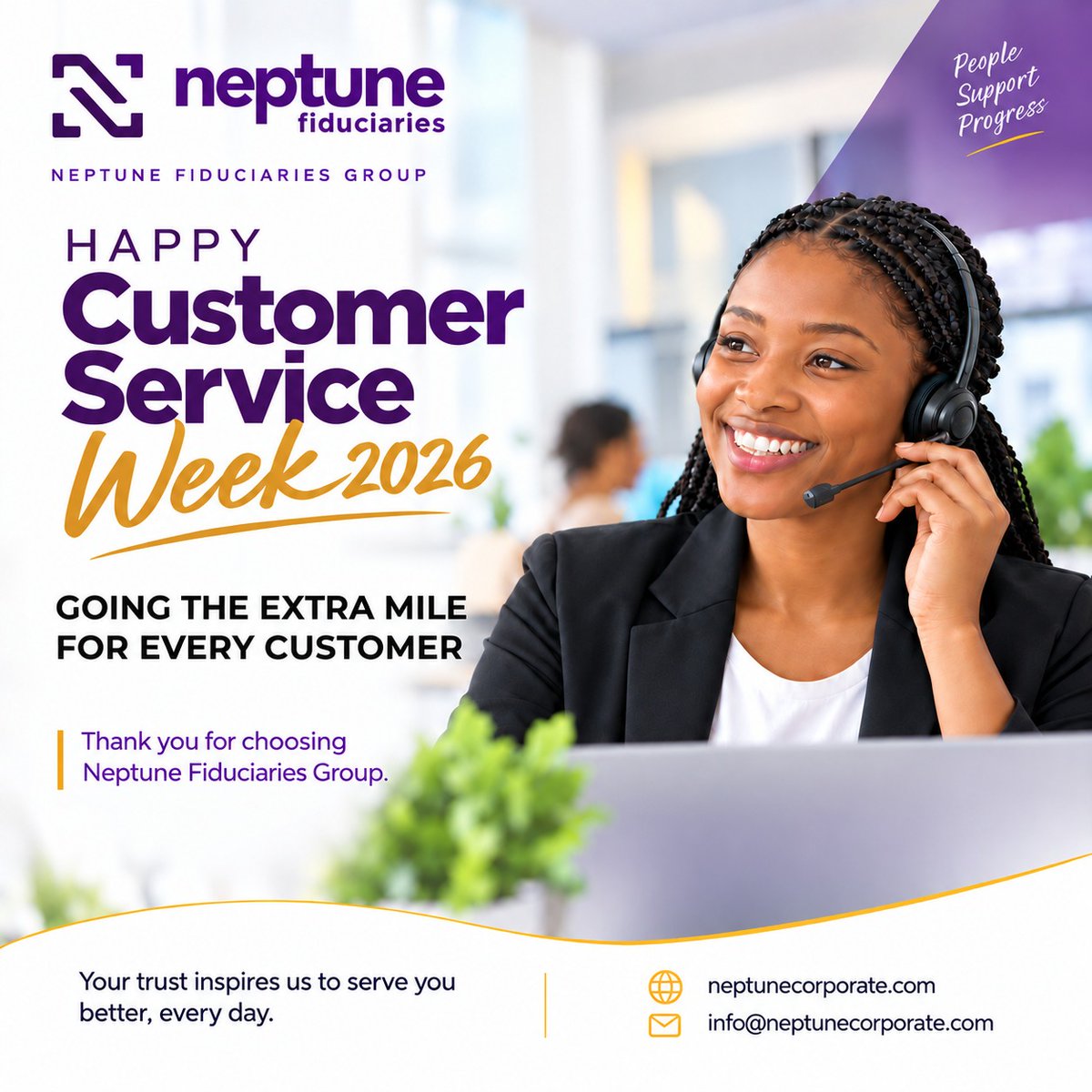 NeptuneFid's tweet photo. Happy Customer Service Week 2026! 💜

Great service is about more than answering questions. It's about listening, solving, caring and going the extra mile.

To every client who trusts Neptune Fiduciaries Group Thank you. 🌍

Your trust inspires us to serve you better, every day https://t.co/8qQ9gnvgvM
