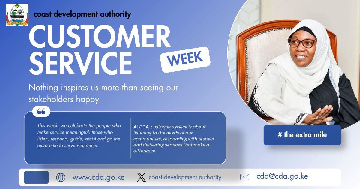 CoastDev's tweet photo. Happy Customer Service Week

At CDA, we believe every interaction is an opportunity to listen, respond and serve better.

Message from the CDA Ag Md Dr Mwanasiti Bendera.

#CustomerServiceWeek #CDA #PeopleFirst #ServiceExcellence CDA https://t.co/kOWeqrKnoD