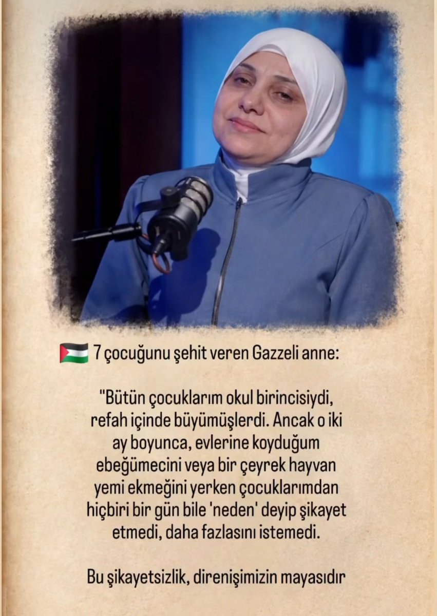 adempalabiyik_'s tweet photo. 7 çocuğunu şehit veren Gazzeli anne:

"Bütün çocuklarım okul birincisiydi, refah içinde büyümüşlerdi. Ancak o iki ay boyunca, eve koyduğum ebegümeci ve çeyrek ekmeği yerken çocuklarım birgün bile, şikayet etmediler. Bu şikayetsizlik, direnişimizin mayasıdır"❤️

#GazzeDeZulümVar https://t.co/NJbSrlcP2q