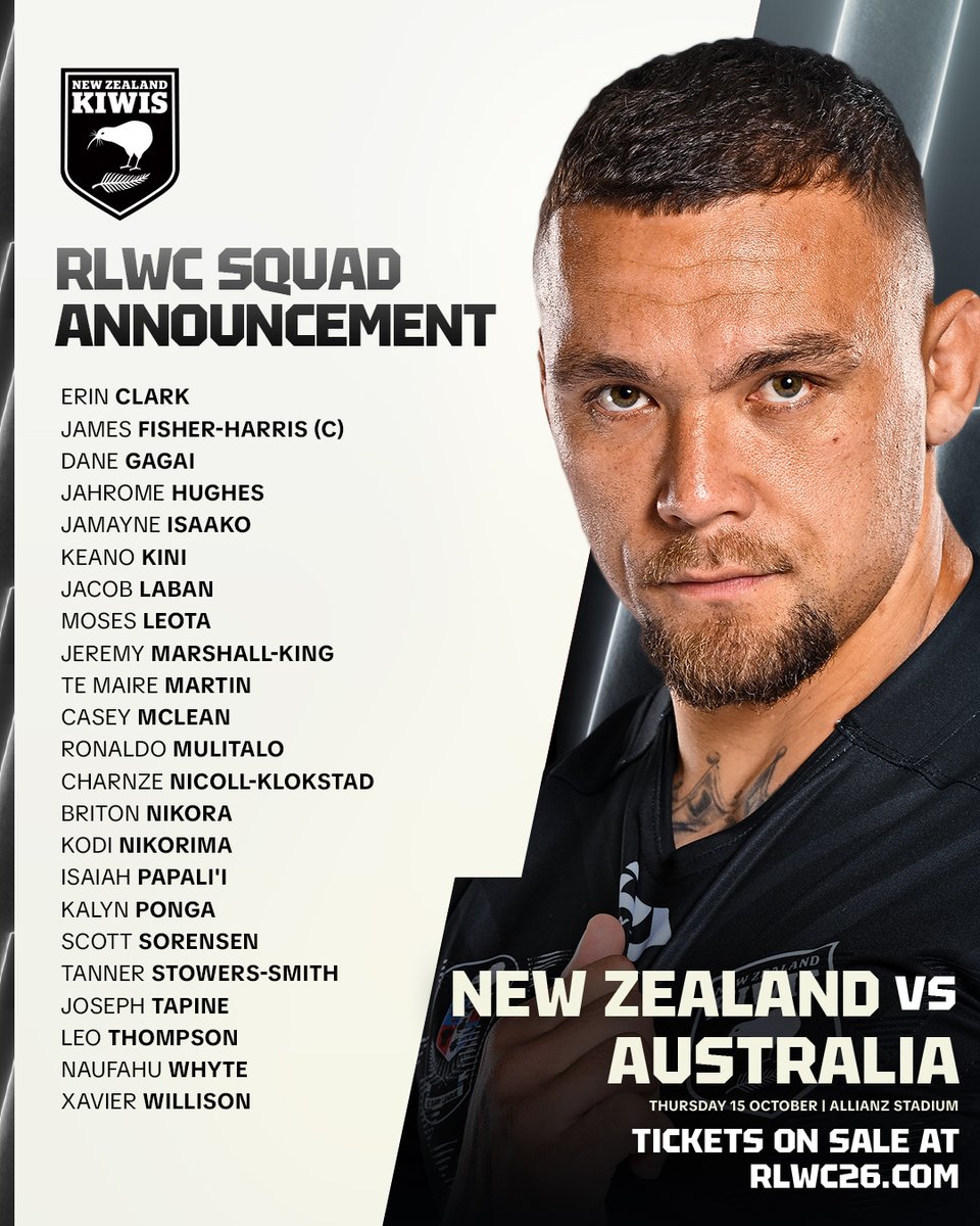 NRL's tweet photo. JUST IN: New Zealand have named their squad for the IRL Rugby League World Cup. 

Their first match is against the Kangaroos. Next Thursday, 15th October at Allianz Stadium. Tickets on sale now: https://t.co/DaIsCRkite 🎫

#RLWC26 https://t.co/aCJ4vt5Uwa