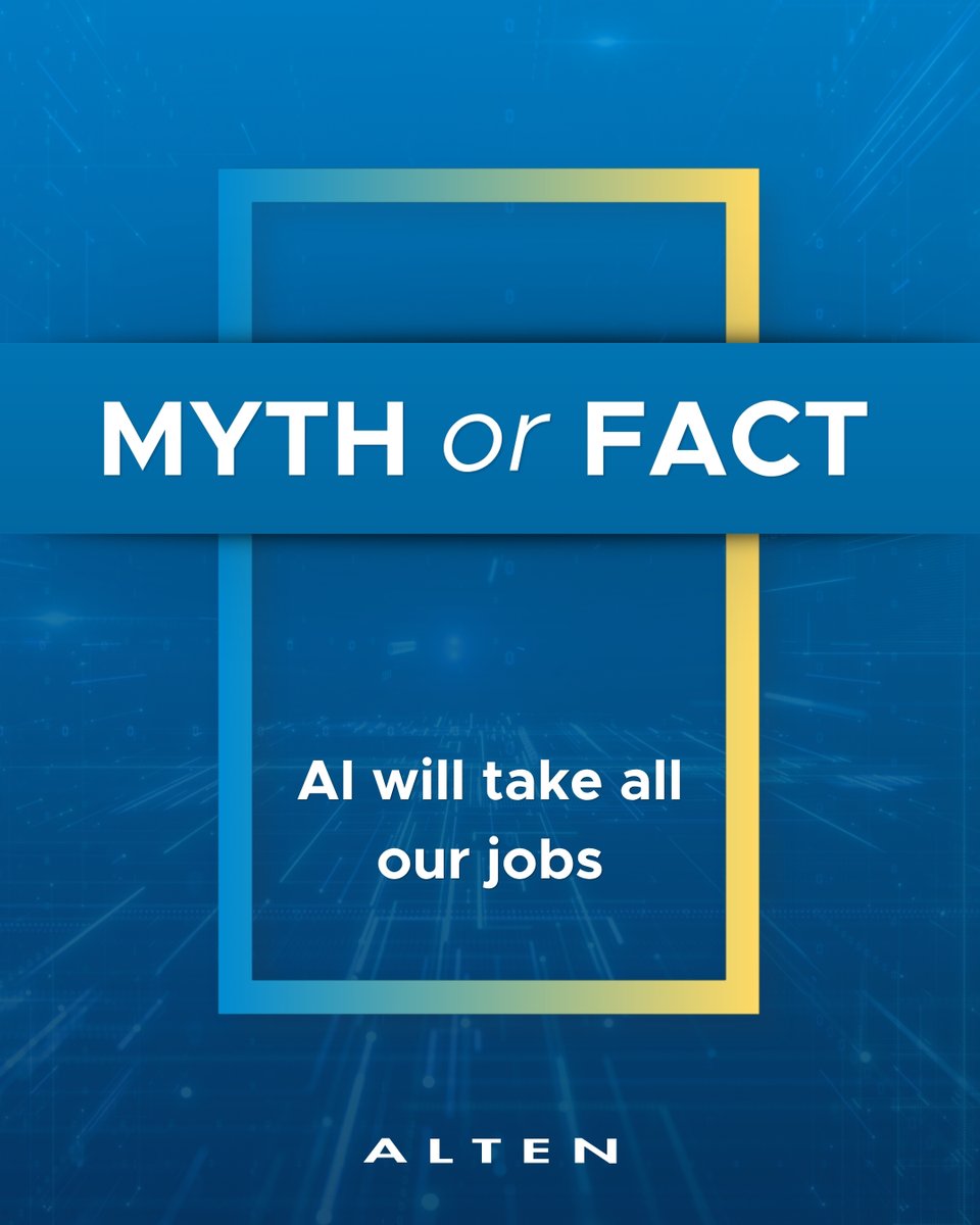 AltenIndia's tweet photo. “AI will take all our jobs.” ❌ Myth. Technology reshapes work and creates new opportunities. The real advantage goes to those who learn to work with AI. What skill are you building this year? Explore roles: https://t.co/NQBLBKOF7Y #AIMythVsFact #ALTENIndia #ALTEN #FutureOfWork https://t.co/yNpPWMoC1v