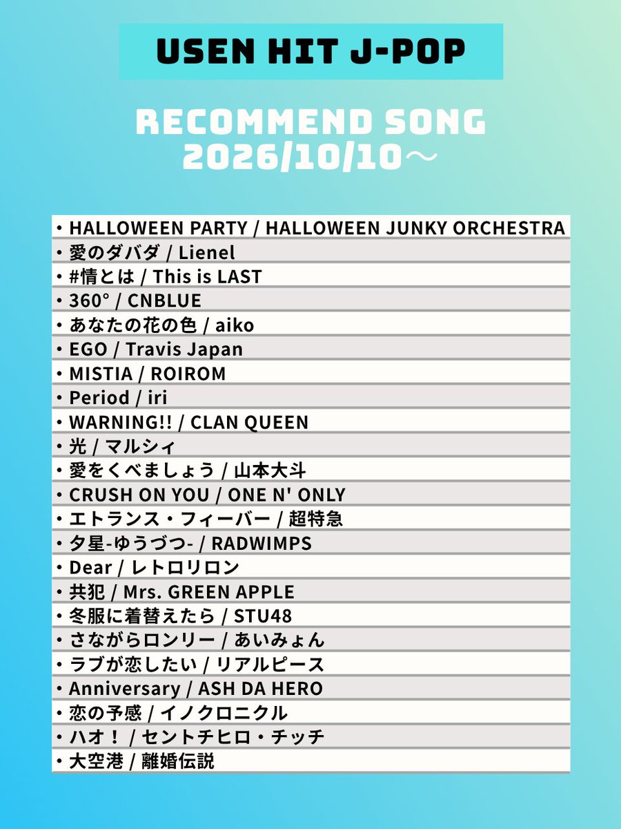 USEN_HITS's tweet photo. 【10/10～のUSEN HIT J-POP注目曲】 
気になるアーティストがいたらリポスト☺️
─────────────────── 
HALLOWEEN JUNKY ORCHESTRA @HydeOfficial_
Lienel @Lienel_official
This is LAST @ThisisLASTBAND
CNBLUE @cnblue_japan
aiko @aiko_dochibi
Travis Japan @TravisJapan_cr
ROIROM @roirom_official
iri @03iritaama
CLAN QUEEN @clan_queen_
マルシィ @marcy0910
山本大斗 @alenoeler
ONE N' ONLY @onenonly_tokyo
超特急 @sd_bt
RADWIMPS @RADWIMPS
レトロリロン @retroriron
Mrs. GREEN APPLE @AORINGOHUZIN
STU48 @STU48_official_
あいみょん @aimyonGtter @AimyongStaff
リアルピース @R_ealpiece
ASH DA HERO @ashdahero
イノクロニクル @inochronicle
セントチヒロ・チッチ @Chittiii_BiSH
離婚伝説 @rkndnsts