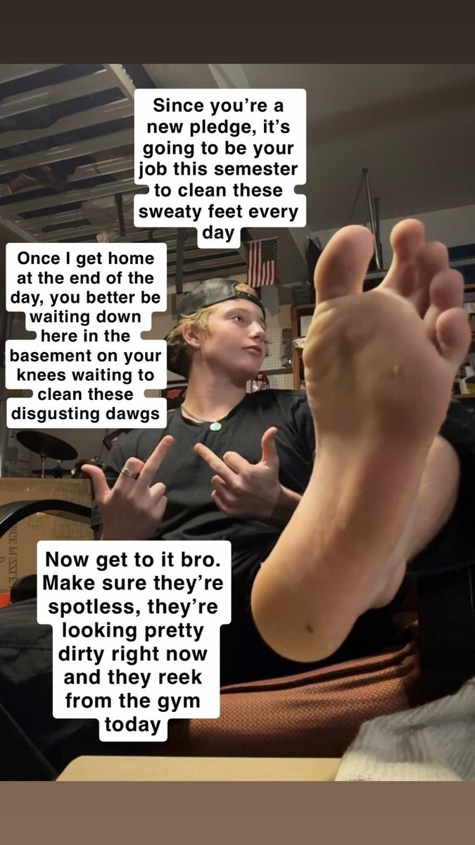 Str8Guys4U's tweet photo. The frat president picks a new pledge to be his foot slave every semester. This semester it’s your turn. The pledge picked last semester told you he would gag every time because they always smelt so bad.  

#kink
#feet
@Rickypumpp 
18+ https://t.co/ny8Hs1yfj2