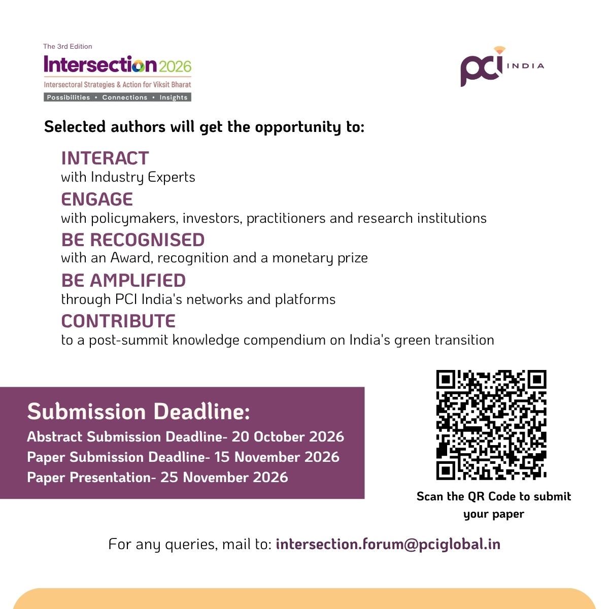 PCI_India_'s tweet photo. PCI India invites papers for the 3rd Edition of #Intersection2026 across 5 themes: Clean Energy &amp; MSME Transitions | Rural Green Transitions | Circular Economy | Green Finance | Carbon Markets &amp; ESG

Submit your paper: https://t.co/MNH4LXsARD
Know more: https://t.co/rj8mo9KkbW https://t.co/O3FgMQJaOU