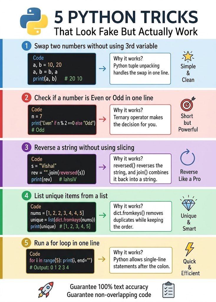 ThePythonDailyz's tweet photo. These Python tricks look fake… but they actually work! 🤯🐍
Stop writing more boilerplate code than you need to. 5 built-in shortcuts to make your logic shorter, cleaner, and smarter:
• Tuple unpacking
• Ternary operator
• Unique lists
• One-line loops

#Python https://t.co/nWt2X0Wr26