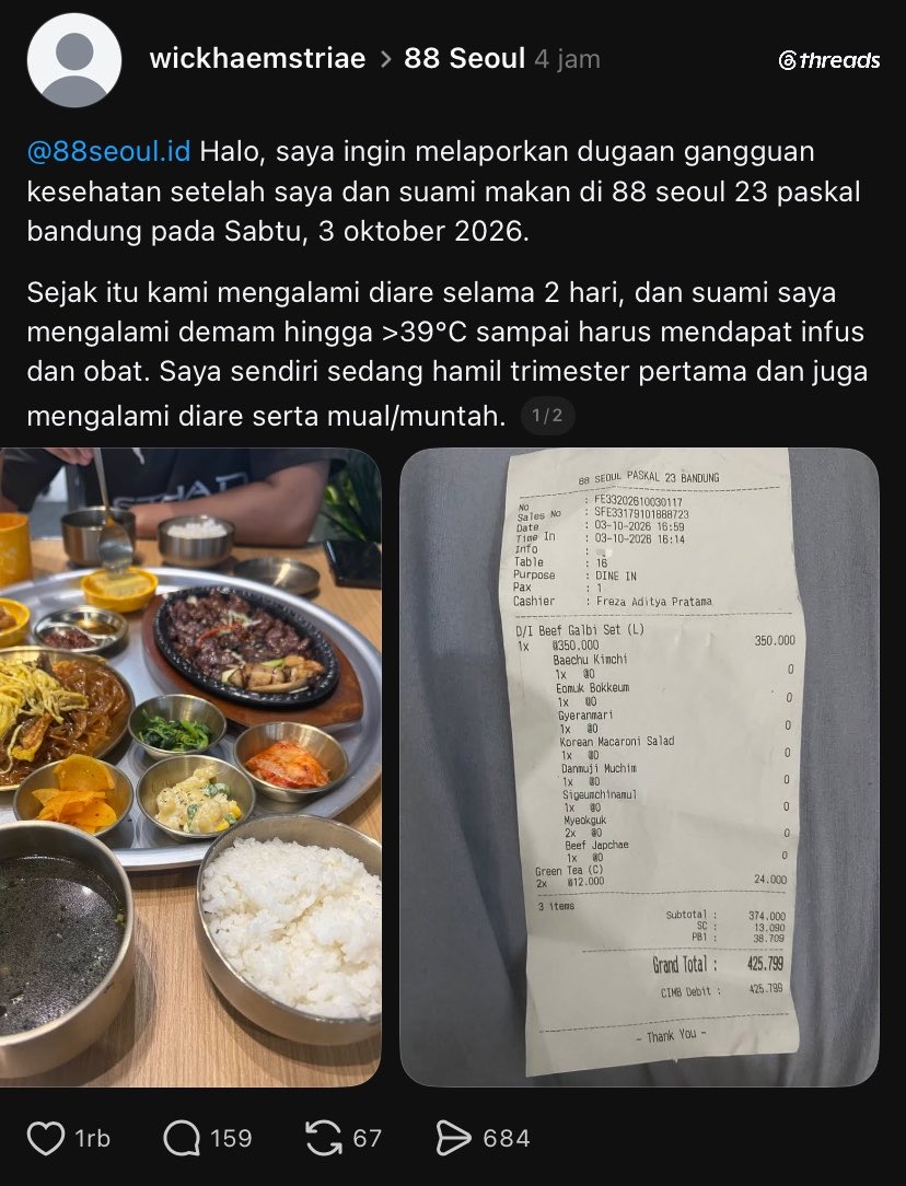 liclerc's tweet photo. Di threads ramai yang spill mereka keracunan makanan setelah makan di salah satu resto korea di paskal.

Korbannya gak satu-dua, tapi baanyaakk yang ikut bersuara kalau mereka juga keracunan, bahkan sampai demam berhari-hari dan diare.

Sampai sekarang pihak resto (88 seoul) belum beri tanggapan dan tanggung jawab. 

Harus dilaporkan sih ini, karena berbahaya mengancam nyawa. Apalagi ada korban anak2 juga 😭