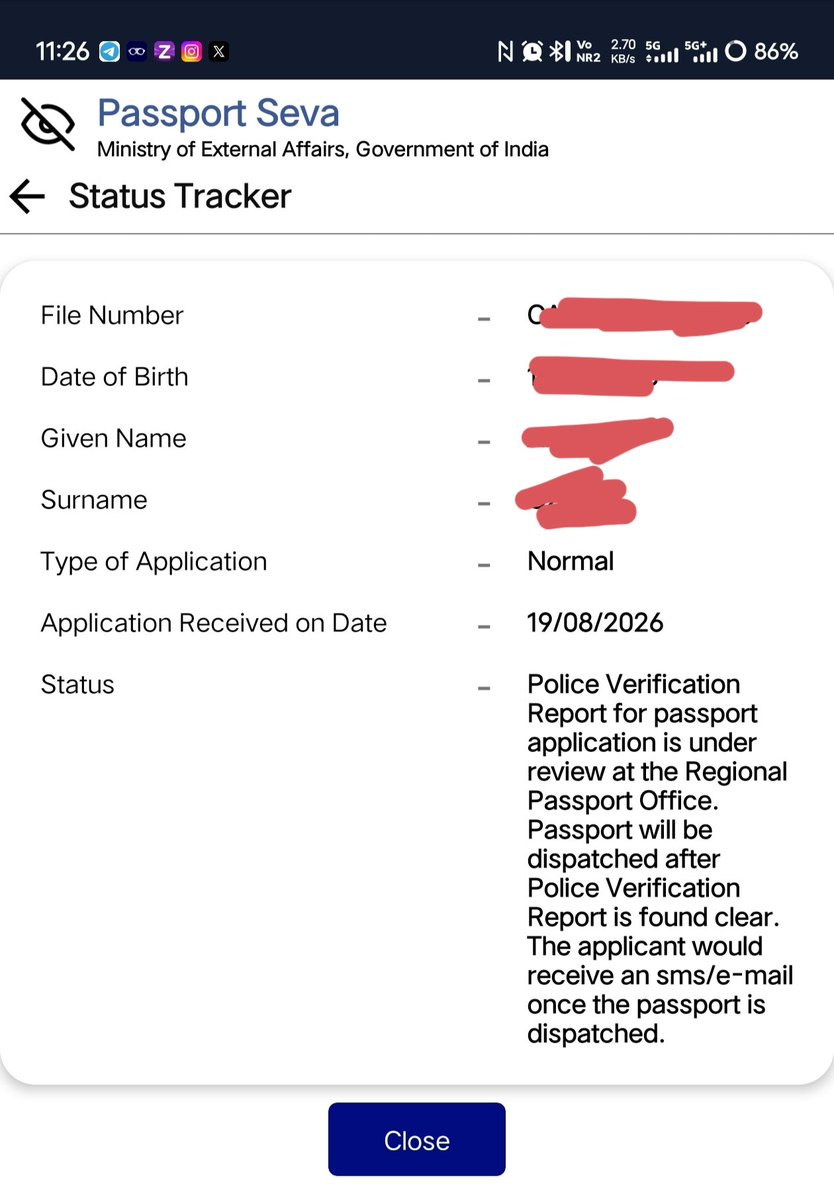 AbdulJabbarRPM's tweet photo. @passportsevamea @CPVIndia
Passport application received 19 Aug 2026; Police Verification completed 2 Sep 2026. Status still shows PVR under review at RPO, and passport hasn’t been dispatched.

Please look into this delay and expedite the dispatch. https://t.co/ZM7s28MrRx