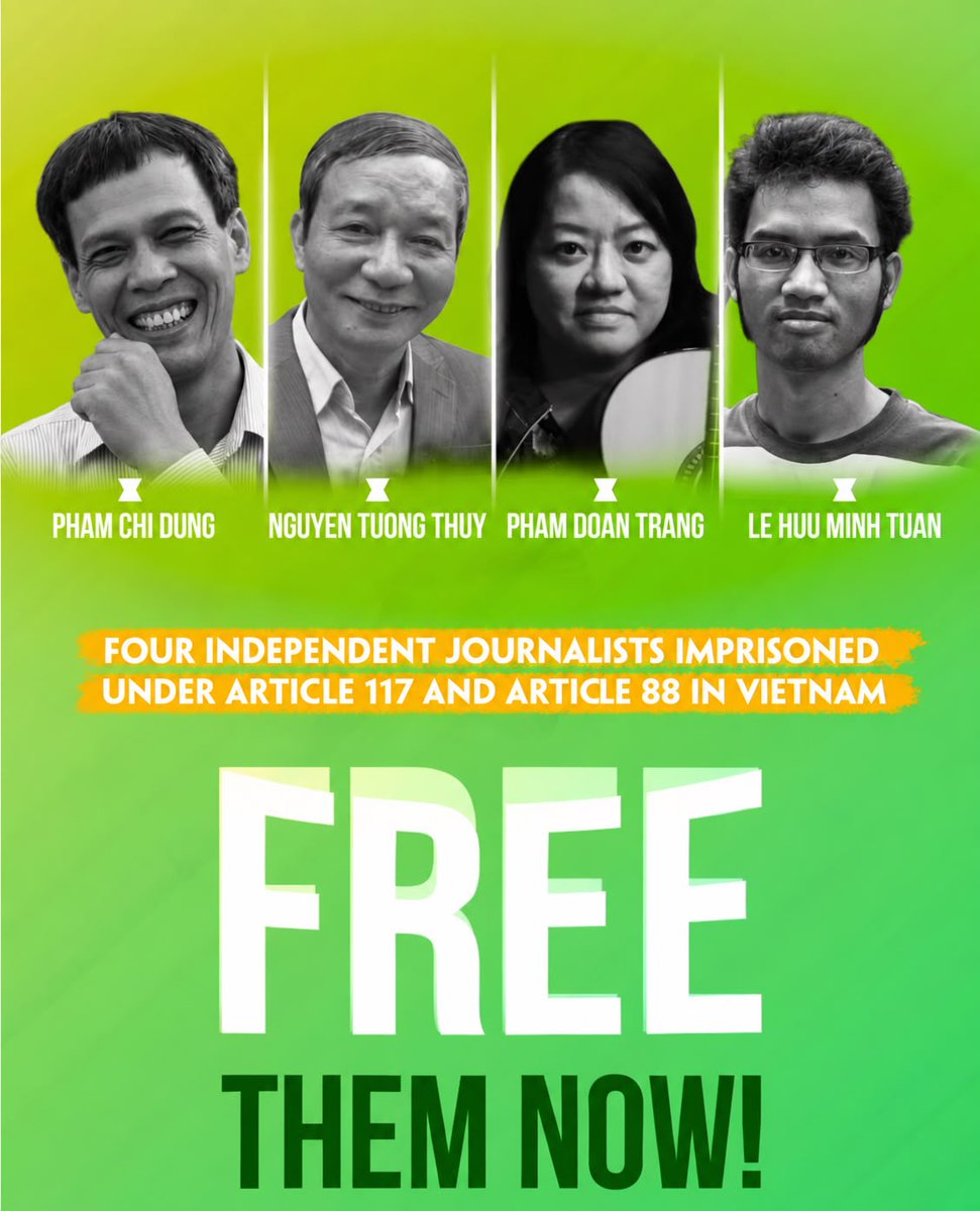 CPJAsia's tweet photo. #Vietnam: CPJ calls on authorities to immediately release journalists Pham Doan Trang, Le Huu Minh Tuan, Pham Chi Dung, and Nguyen Tuong Thuy.

Today marks the anniversary of Trang’s arrest. The CPJ International Press Freedom Award winner was sentenced to nine years in prison over her writing and documentation of human rights issues in Vietnam.

https://t.co/iiws0ki3zS

#PressFreedom #JournalismIsNotACrime