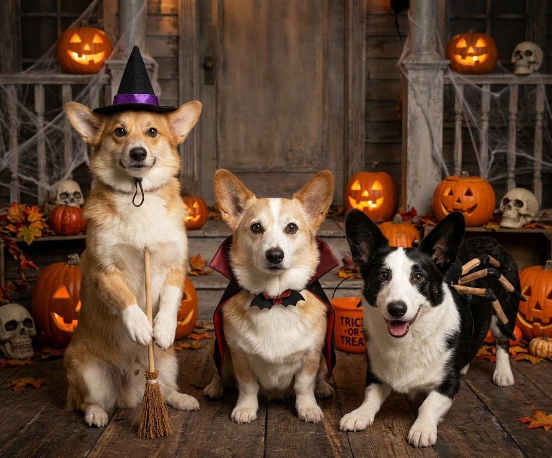 ASBT_'s tweet photo. うちの3匹をハロウィン仕様に🎃
可愛過ぎるっ！✨
#コーギー #コーギーカーディガン #ポメコギ #ハロウィンコスプレ https://t.co/FWOYwUds1b