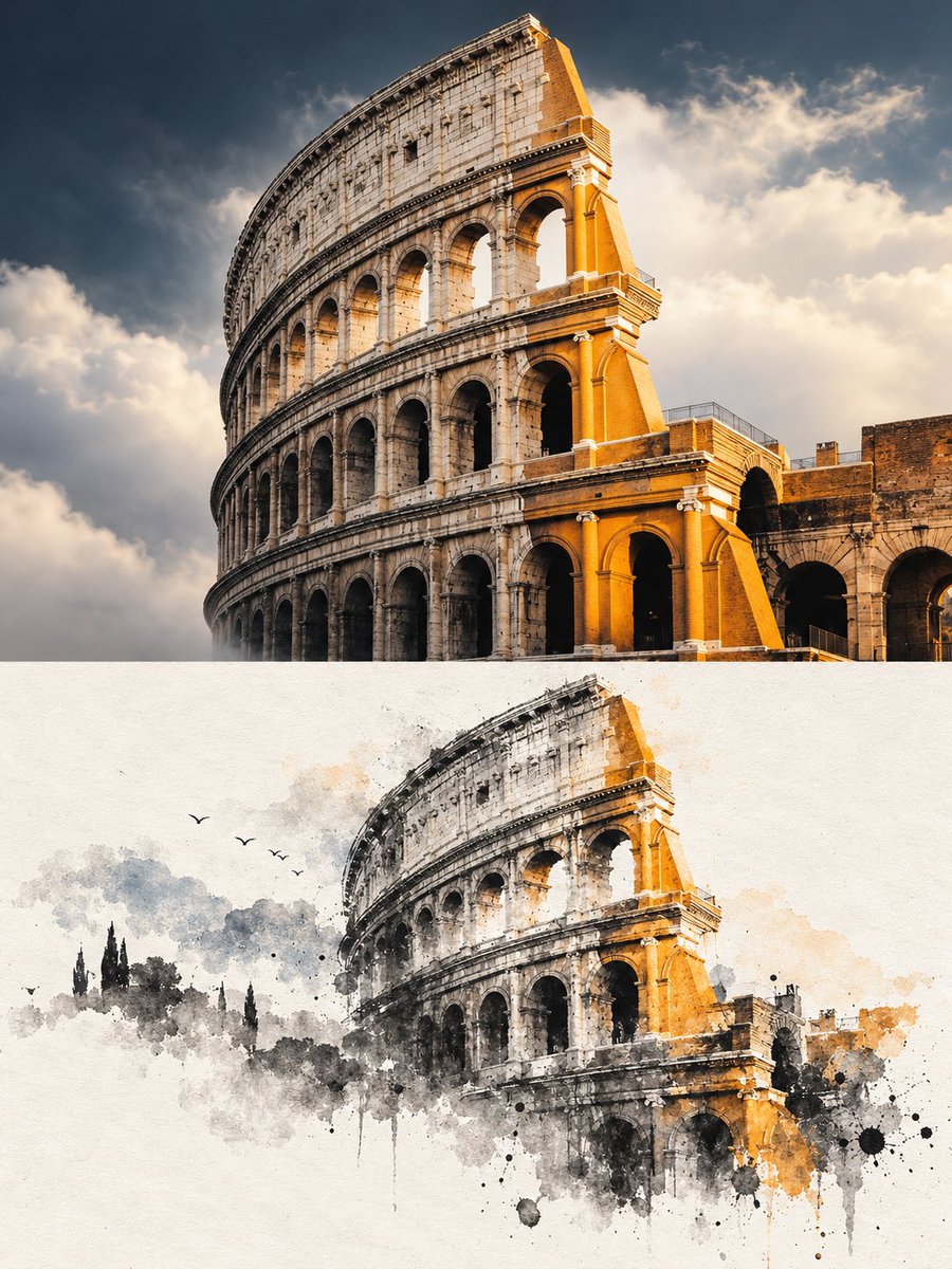 Shorelyn_'s tweet photo. GPT Image 2.5 on ChatGPT 

Prompt:
Create a premium 3:4 vertical editorial poster using the uploaded photo as the sole reference.

OVERALL FORMAT

The image must use a strict 3:4 vertical composition divided horizontally into two equal regions with an exact 1:1 height ratio. Each region occupies exactly 50% of the total image height.

UPPER REGION: ORIGINAL PHOTO

Use the original uploaded photo directly as the upper 50% of the composition.

Preserve the subject's exact identity, facial features, body structure, proportions, posture, perspective, clothing, materials, lighting, and original color atmosphere.

Do not regenerate, reshape, distort, stretch, beautify, or alter the subject.

Only apply subtle high-end color grading, image purification, refined tonal balance, and gentle detail enhancement, giving the image the refined texture of an art magazine or exhibition photograph.

The background may be moderately expanded to fit the 3:4 composition, but the subject must remain completely unchanged in structure, posture, proportions, and core composition.

LOWER REGION: MINIMALIST INK WASH RECONSTRUCTION

Reconstruct the same subject and scene as a minimalist contemporary ink wash artwork.

First identify and preserve the most recognizable elements of the original image, including silhouette, outline, structure, perspective, movement, visual rhythm, spatial relationship, and overall atmosphere.

Do not directly copy photographic details. Do not create a realistic reproduction. Instead, translate the original scene into an artistic ink wash interpretation that preserves its recognizable essence and visual relationship with the upper photograph.

Use a milky white, warm white, or natural paper-white base with delicate paper fibers and subtle organic texture.

Build the artwork using expressive ink wash techniques including dry and wet brushwork, flying white, ink seepage, ink accumulation, soft diffusion, broken edges, layered washes, and intentional white space.

Remove secondary details. Keep only the most distinctive contours, structural transitions, spatial layers, movement, and atmosphere.

The lower artwork should feel summarized, refined, poetic, and intentionally incomplete rather than realistically detailed.

INK AND COLOR

Use black, charcoal gray, soft gray, and diluted ink tones as the dominant palette.

Create clear tonal layering with varied ink density, pressure, rhythm, and transparency.

Extract only a few emotionally important colors from the original image and reinterpret them as small areas of artistic staining or pigment.

Colors may transform naturally into blue-gray, distant blue, soft gold, warm yellow, vermilion red, light cyan, or similar restrained tones.

Do not mechanically reproduce the original color values.

Ink and negative space must remain dominant.

Avoid muddy brown, dull vintage tones, heavy coloring, excessive decoration, or vulgar color combinations.

COMPOSITION AND NEGATIVE SPACE

The main reconstructed subject should occupy approximately 30% to 45% of the lower half.

Reserve the remaining area for generous negative space.

The artwork may be asymmetrically positioned, partially framed, suspended, slightly cropped, or offset.

Maintain strong asymmetrical balance and a sophisticated editorial composition.

The edges of the ink artwork should gradually loosen, fragment, fade, scatter, and disappear into the paper, creating a natural sense of breathing space.

Negative space must function as an intentional visual element, not as empty unused space.

Reduce information rather than filling the entire lower region.

The final lower section should resemble a refined ink seal, contemporary Eastern material study, or museum-quality oriental artwork displayed on a clean editorial page.

TEXT

Use very little text.

Do not add preset titles, numbers, labels, or template typography.

If appropriate, extract only a few meaningful words or a very short phrase related to the subject, location, time, action, emotion, or metaphor.

Place the text quietly within the negative space or near the edge of the artwork.

Typography must remain subtle, sparse, elegant, and secondary to the visual composition.

OVERALL AESTHETIC

Contemporary Eastern aesthetics.

Minimalist ink wash reconstruction.

Premium art magazine presentation.

Exhibition photography quality.

Large-scale intentional negative space.

Subtle editorial typography.

Small-scale seal-like visual focus.

Quiet, restrained, poetic atmosphere.

Elegant asymmetrical composition.

Refined paper texture.

Museum-quality visual finish.

Avoid complex backgrounds, excessive photographic details, realistic duplication, decorative clutter, excessive text, rigid template layouts, filled compositions, heavy colors, old-fashioned brown tones, and unnecessary visual elements.