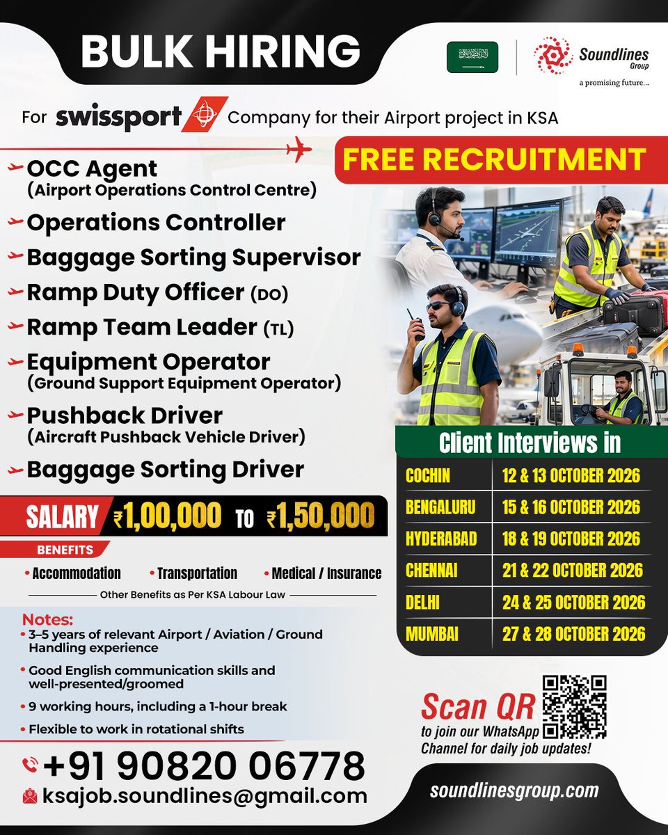 GroupSoundlines's tweet photo. URGENT REQUIREMENT

For swissport Company for their Airport project in KSA

📌 To apply, kindly send your resume to ksajob.soundlines@gmail.com

📌 Positions-

✔️OCC Agent (Airport Operations Control Centre)
✔️Operations Controller
✔️Baggage Sorting Supervisor
✔️Ramp Duty Officer (DO)
✔️Ramp Team Leader (TL)
✔️Equipment Operator (Ground Support Equipment Operator)
✔️Pushback Driver (Aircraft Pushback Vehicle Driver)
✔️Baggage Sorting Driver

#ksa #recruitment #job #foreignjobs #gulfwalkin #soundlinesgroup