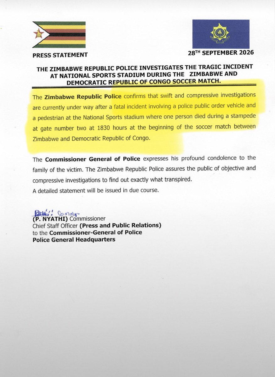advocatemahere's tweet photo. 🔸Good morning @PoliceZimbabwe,

Have you completed your “swift and comprehensive” investigation into the death of a #Warriors fan after an incident with a police public order vehicle per your undertaking in this statement dated 28 September? When can we hear the outcome of this investigation? 

We need new leaders.🇿🇼