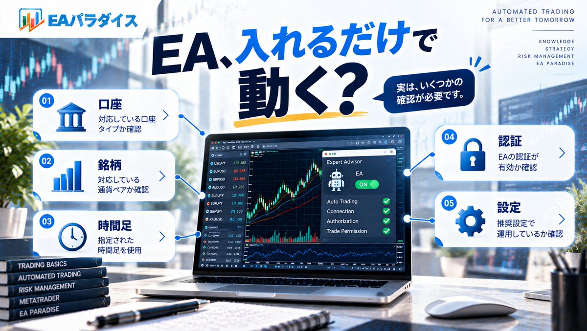EA_Paradise's tweet photo. EAをダウンロード。
MT4・MT5に入れる。

これだけで自動売買スタート！

……とは限りません。

EAによっては、

・対応口座
・対象銘柄
・時間足
・認証
・WebRequest
・推奨設定

などの確認が必要です。

「EAを入れたのに動かない…」となる前に、必要な準備をチェック👇
https://t.co/nsARimYENN

#EA #FX自動売買 #MT4 #MT5 #FX初心者 #EAパラダイス