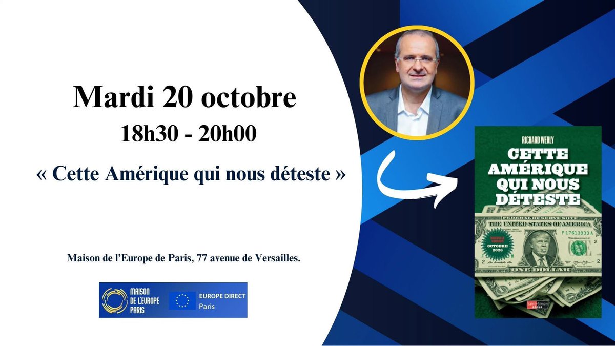 werlychnews's tweet photo. 📚En librairie le 8 octobre 2026

En Librairie 8 OCTOBRE EN LIBRAIRIE
Éditions Saint-Simon

📚Comprendre l'Amérique de Trump avant les midterms ?

Comment comprendre l'Amérique de Donald Trump à quelques semaines des élections de mi-mandat du 3 novembre ?

L'édition réactualisée de mon livre « Cette Amérique qui nous déteste » paraît en poche le 8 octobre aux Éditions Saint-Simon.

Vous y trouverez mes explications sur les menaces que Donald Trump et son administration continuent de faire peser sur l'Europe, c'est-à-dire sur nous.

Bonne lecture !

📖 LE 8 OCTOBRE EN LIBRAIRIE
Éditions Saint-Simon
@edsaintsimon 

#RichardWerly #CetteAmeriqueQuiNousDeteste #SaintSimon #Trump #Midterms2026 #USA #Europe

Puisque nous sommes au 1er octobre, voici notre programme de conférences, rencontres 📚et expositions ! 

🖼️Octobre oblige, nous participerons à #lasemaineErasmus et nous soutenons la lutte contre le cancer, #octobrerose , objectif prioritaire de la @European Commission . 🇪🇺

Les sujets abordés lors de ce mois ? 
Elections de mi- terme aux Etats Unis, avec le journaliste @werly_richard , la polycrise, avec #opendiplomacy, le portrait de l'Europe, une exposition de peinture, les #migrations...

Les inscriptions sont ouvertes !
Cr.👉Instagram @MdEuropeParis 

@WerlyCH 

📚En librairie le 8 octobre 2026

#CetteAmériqueQuiNousDéteste 
 https://t.co/50rzdggXaq