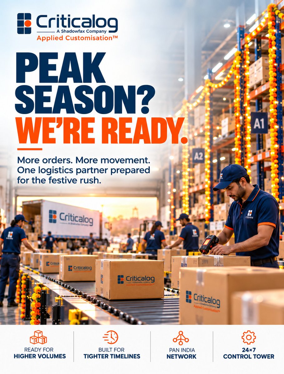 CriticaLog's tweet photo. Festive demand is rising, and we’re ready to keep things moving. 
With the right network, operational readiness, and 24×7 support, @CriticaLog is prepared to handle higher volumes &amp; tighter timelines throughout the festive rush.
#Criticalog #PeakSeason #FestiveRush #FestiveSeason https://t.co/pjX9XZBBgi