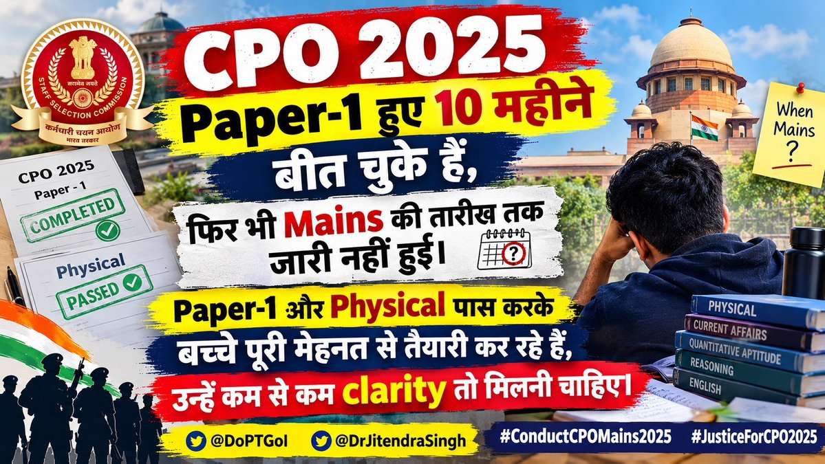 ___shivaji's tweet photo. CPO 2025 Paper-1 हुए 10 महीने बीत चुके हैं, फिर भी Mains की तारीख तक जारी नहीं हुई। Paper-1 और Physical पास करके बच्चे पूरी मेहनत से तैयारी कर रहे हैं, उन्हें कम से कम clarity तो मिलनी चाहिए। 
@DoPTGoI
@DrJitendraSingh
@SSC_GoI
@PMOIndia
 #ConductCPOMains2025 #JusticeForCPO2025 https://t.co/qqBgaTOt3M