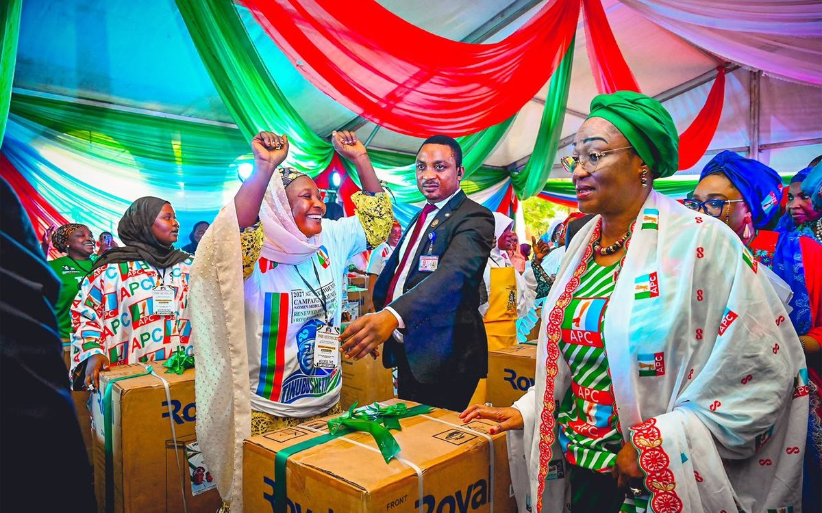 jarmari01's tweet photo. FIRST LADY JOINS APC WOMEN MOBILISATION AND EMPOWERMENT CAMPAIGN ROLL OUT IN ABUJA

First Lady of Nigeria, Senator Oluremi Tinubu, on Monday, October 5, 2026, joined APC leaders and stakeholders at the APC Women Stakeholders Mobilisation and Empowerment Campaign Roll Out held at the Bola Ahmed Tinubu International Conference Center, Abuja.

The event brought together women stakeholders, female aspirants and members of the 2027 APC Presidential Campaign Council Women Mobilisation Directorate.

The First Lady was joined by the Wife of the Vice President, Hajia Nana Shettima; Director-General of the APC Presidential Campaign Committee, Senator Abdulaziz Yari; Imo State Governor, Senator Hope Uzodimma; former APC National Chairman, Umar Abdullahi Ganduje; and other party leaders.

A key highlight was the empowerment of women beneficiaries with various support items to strengthen their livelihoods. Senator Oluremi Tinubu presented some of the items, including a motorbike to one of the beneficiaries.

She also held a closed-door meeting with female APC aspirants and other dignitaries on the sidelines of the event.

The programme forms part of efforts to mobilise women and strengthen their participation ahead of the 2027 general elections.

*#RenewedHope* *#PCCTeam2027*
#APCWomenStakeholderssummit