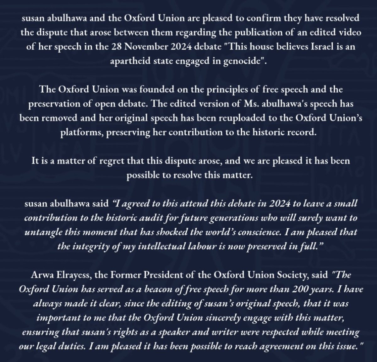 susanabulhawa's tweet photo. after a two year battle of refusing to accept censorship, I'm pleased the Oxford Union has published my November 2024 speech in full, unedited. 

I note that the original, which was published for five days before being pulled, had garnered a quarter of a million views in that short time, was only made private and could have been simply made public, preserving at least part of the statistic. But I'm glad it's up again, unmolested in the historic record. 

I hope it will serve as a reference data point for future generations who will try to make sense of this dark moment in human history. 

more to come from @intifada 

https://t.co/rH0hwMQcys