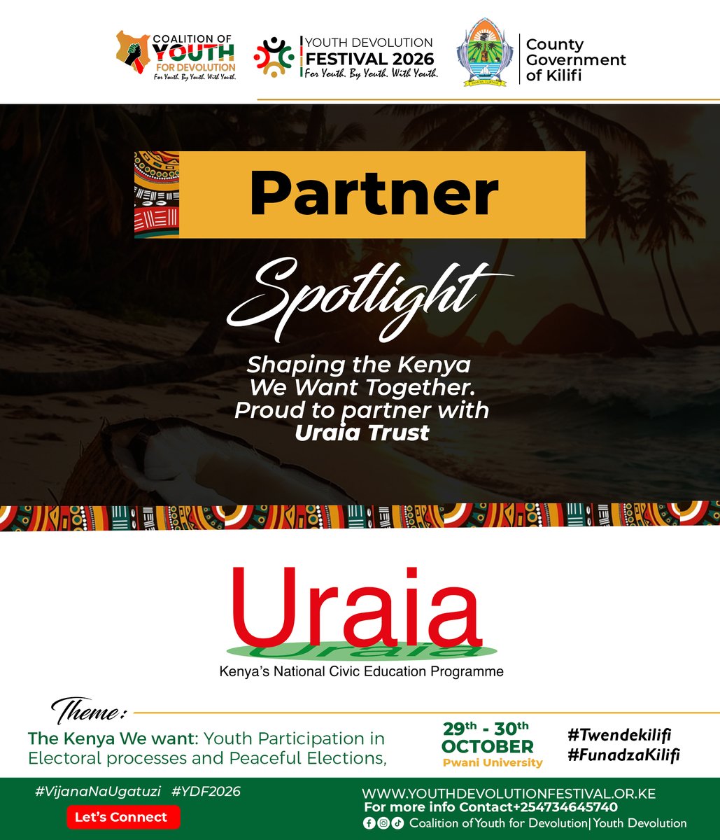 YouthDevolution's tweet photo. PARTNER SPOTLIGHT | URAIA TRUST
We are proud to partner with @UraiaTrust , Kenya’s National Civic Education Programme, in advancing meaningful youth participation and strengthening civic engagement.
#TheKenyaWeWant starts with us. 🇰🇪

#YDF2026 #TwendeKilifi #VijanaNaUgatuzi https://t.co/mFxTP5tbW8