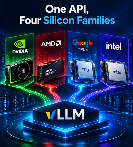 networkbachelor's tweet photo. One API. Four silicon ecosystems. ⚡

vLLM can run across NVIDIA, AMD, Google TPU &amp; Intel—but compatibility ≠ equal performance.

The real decision: performance, latency, scale, portability &amp; cost.

📖 Full analysis:
https://t.co/NPYifAA7Ja
#vLLM #LLMInference #GPUComputing https://t.co/2qWPBhpgGt
