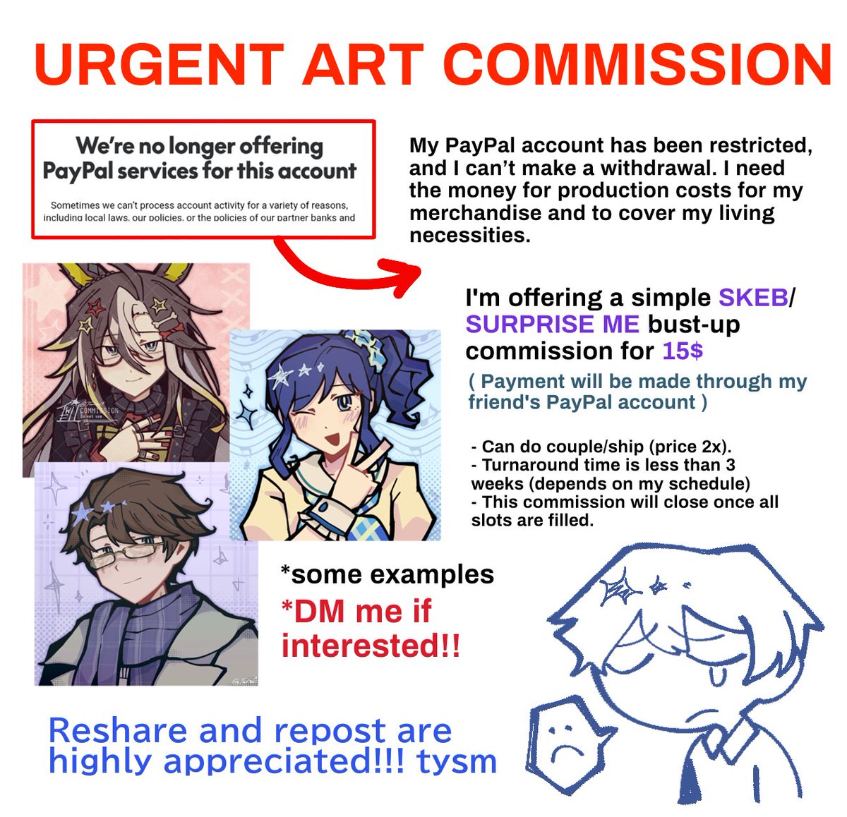 twieil's tweet photo. ‼️ URGENT COMMISSIONS OPEN 🙇
[ ❤️+🔄 are hugely appreciated!! ]

i'm offering a SKEB/Surprise Me for 15$ USD (payment via paypal) dm me if interested!!

More info in the pic :)

#artcommission #opencommission #urgentcommissions #commsopen https://t.co/7fSAAfy6n0