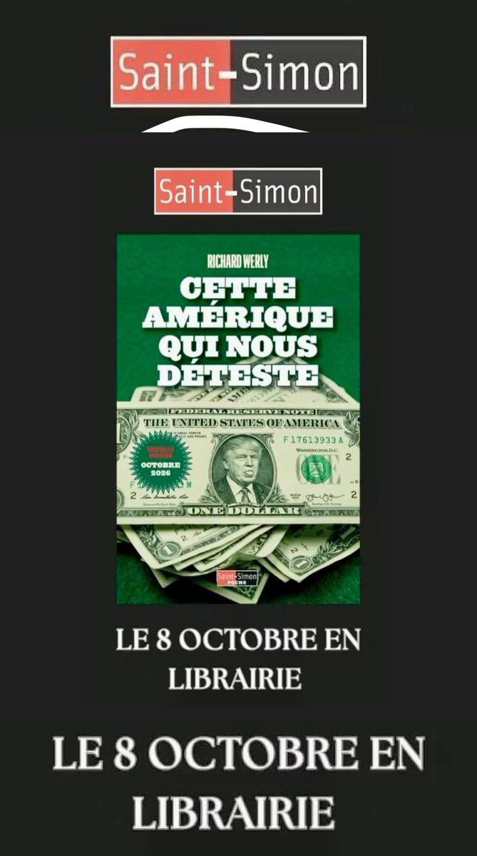 werlychnews's tweet photo. 📚En librairie le 8 octobre 2026

En Librairie 8 OCTOBRE EN LIBRAIRIE
Éditions Saint-Simon

📚Comprendre l'Amérique de Trump avant les midterms ?

Comment comprendre l'Amérique de Donald Trump à quelques semaines des élections de mi-mandat du 3 novembre ?

L'édition réactualisée de mon livre « Cette Amérique qui nous déteste » paraît en poche le 8 octobre aux Éditions Saint-Simon.

Vous y trouverez mes explications sur les menaces que Donald Trump et son administration continuent de faire peser sur l'Europe, c'est-à-dire sur nous.

Bonne lecture !

📖 LE 8 OCTOBRE EN LIBRAIRIE
Éditions Saint-Simon
@edsaintsimon 

#RichardWerly #CetteAmeriqueQuiNousDeteste #SaintSimon #Trump #Midterms2026 #USA #Europe

Puisque nous sommes au 1er octobre, voici notre programme de conférences, rencontres 📚et expositions ! 

🖼️Octobre oblige, nous participerons à #lasemaineErasmus et nous soutenons la lutte contre le cancer, #octobrerose , objectif prioritaire de la @European Commission . 🇪🇺

Les sujets abordés lors de ce mois ? 
Elections de mi- terme aux Etats Unis, avec le journaliste @werly_richard , la polycrise, avec #opendiplomacy, le portrait de l'Europe, une exposition de peinture, les #migrations...

Les inscriptions sont ouvertes !
Cr.👉Instagram @MdEuropeParis 

@WerlyCH 

📚En librairie le 8 octobre 2026

#CetteAmériqueQuiNousDéteste 
 https://t.co/50rzdggXaq