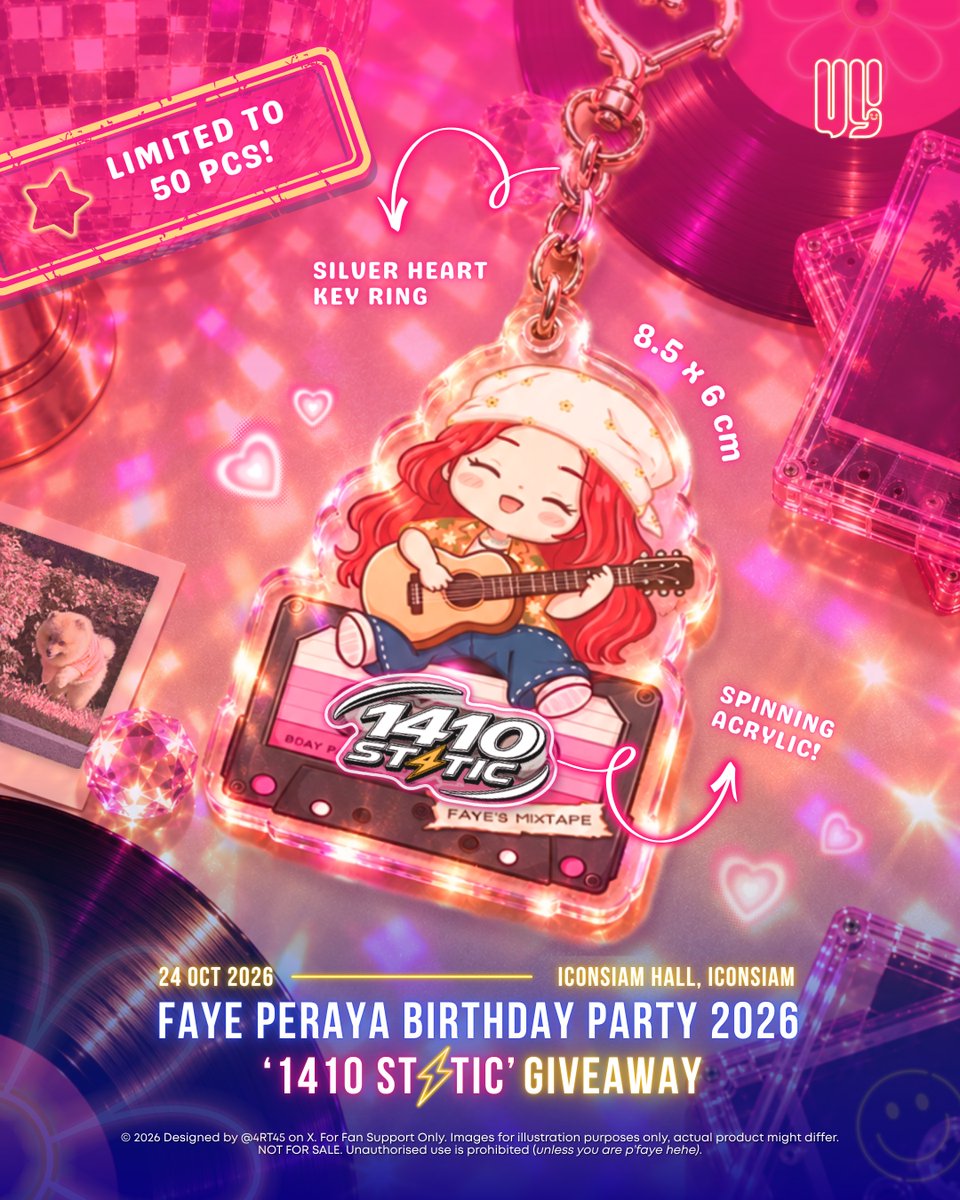 4rt45's tweet photo. 📼 FAYE PERAYA BIRTHDAY PARTY [1410 STATIC] GIVEAWAY 2 💖  

Just a little over 2 weeks left to the party! Here is the second design for the giveaway, both will be given at random, limited to 100pcs 🫶🏻  See you there! 🥳

This is by far my most favorite set of keychains that I have designed, and because it spins I cannot stop playing with it when I'm on the bus hahaha, it's like a little fidget spinner 🤗 

#FayePeraya #1410STATIC 
#FayeBirthdayParty2026 
#FabelEntertainment