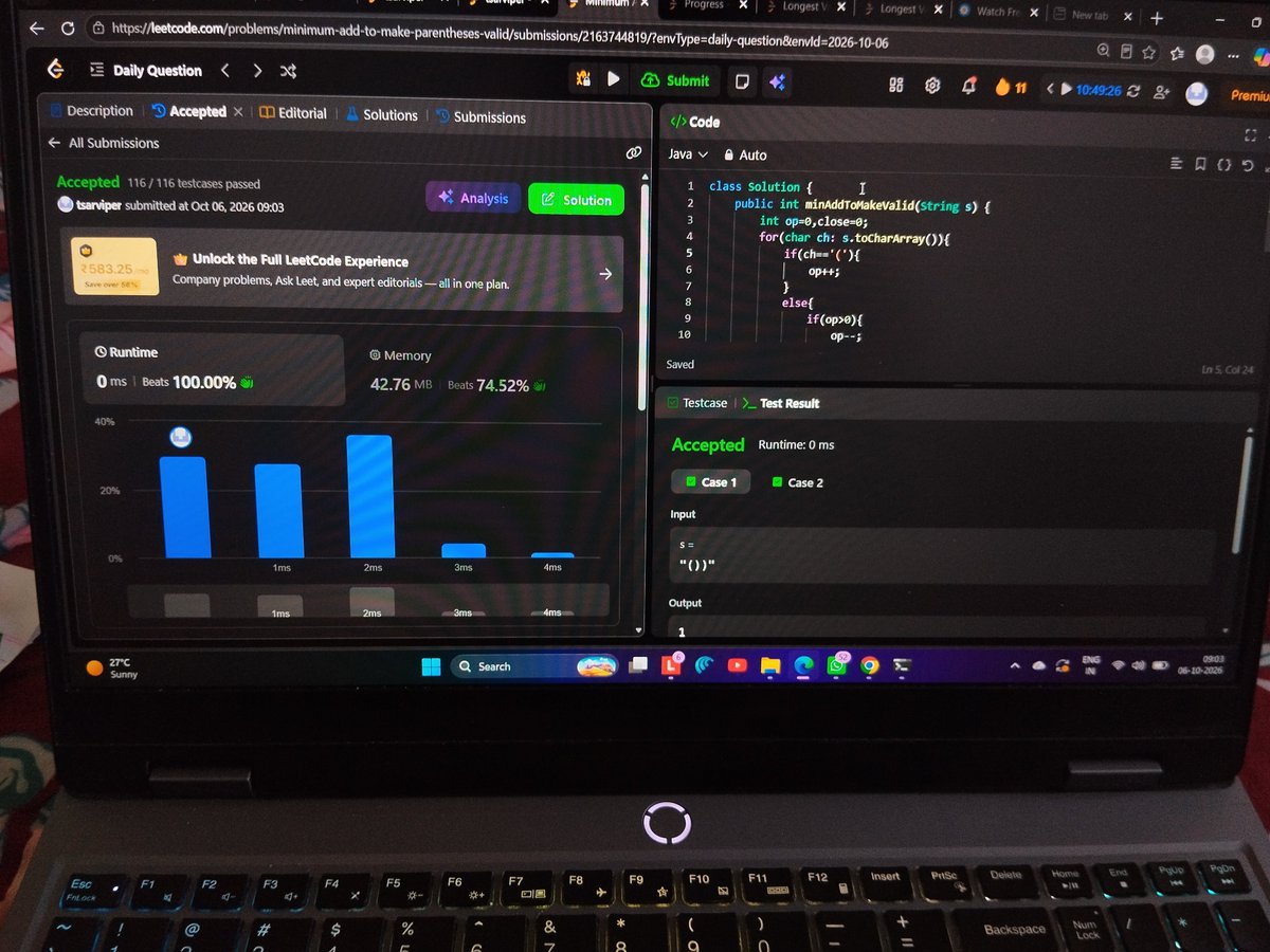 viperdizzert's tweet photo. LeetCode difficulty tags are so cooked 💀Today’s POTD: Minimum Add to Make Parentheses ValidJust count unmatched opens and closes… that’s literally it.And they still slapped Medium on it.What was so “tricky” that it needed to be Medium? 😭#LeetCode #POTD https://t.co/23q8kV9nsV