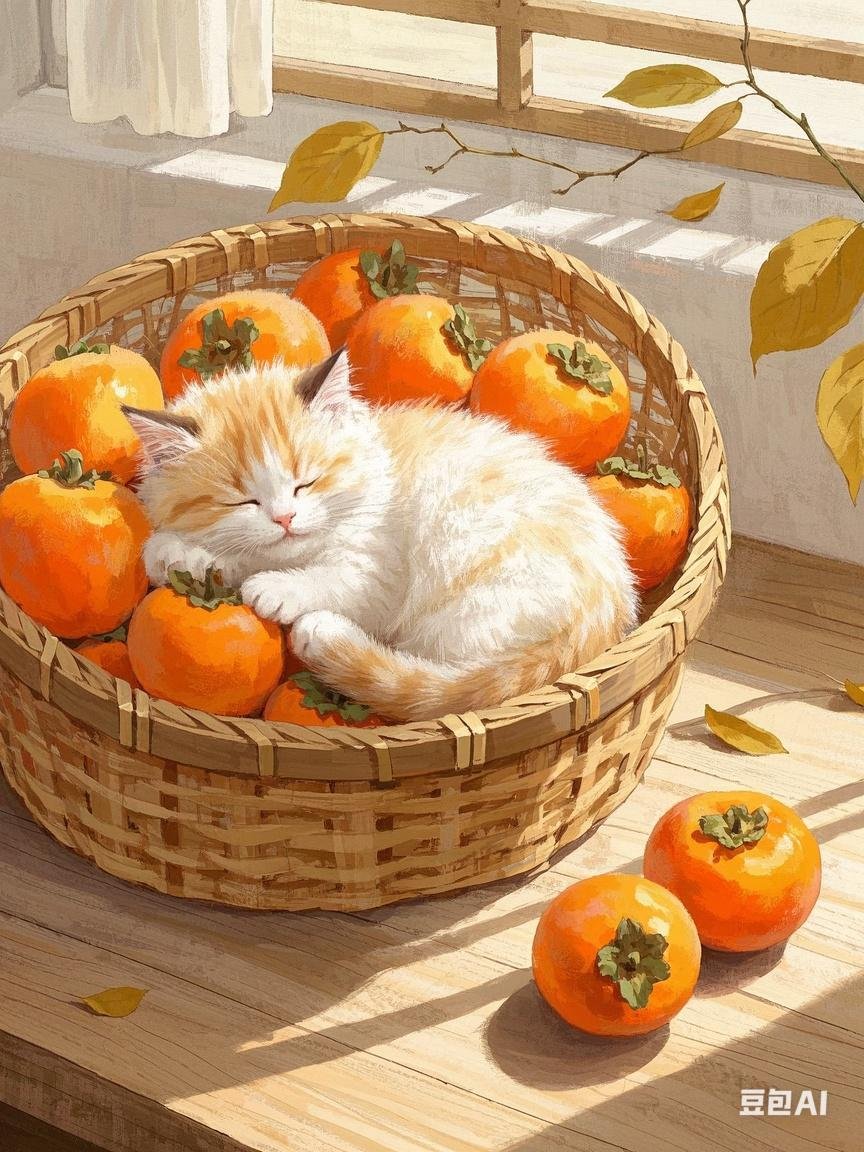 nutangmo1050's tweet photo. A quiet autumn moment – persimmon trees stand still, a playful cat splashes in a puddle, and everyone sneaks a cozy nap. https://t.co/vDcTdEgOZI