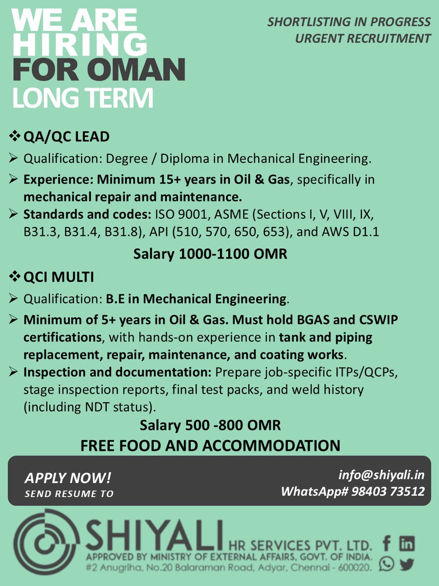 shiyali_HR's tweet photo. #job
#gulfjobseekers
#gulfjobs
#hiringnow
#gulfjobcareers
#work
#opportunity
#Job seeker
#recruiting
#employment
#overseas
#oilandgas
#urgentrecruitment
#abroadjobs
#gccvacancy
#tubewelder
#heatexchanger https://t.co/a7IEF7sfXE