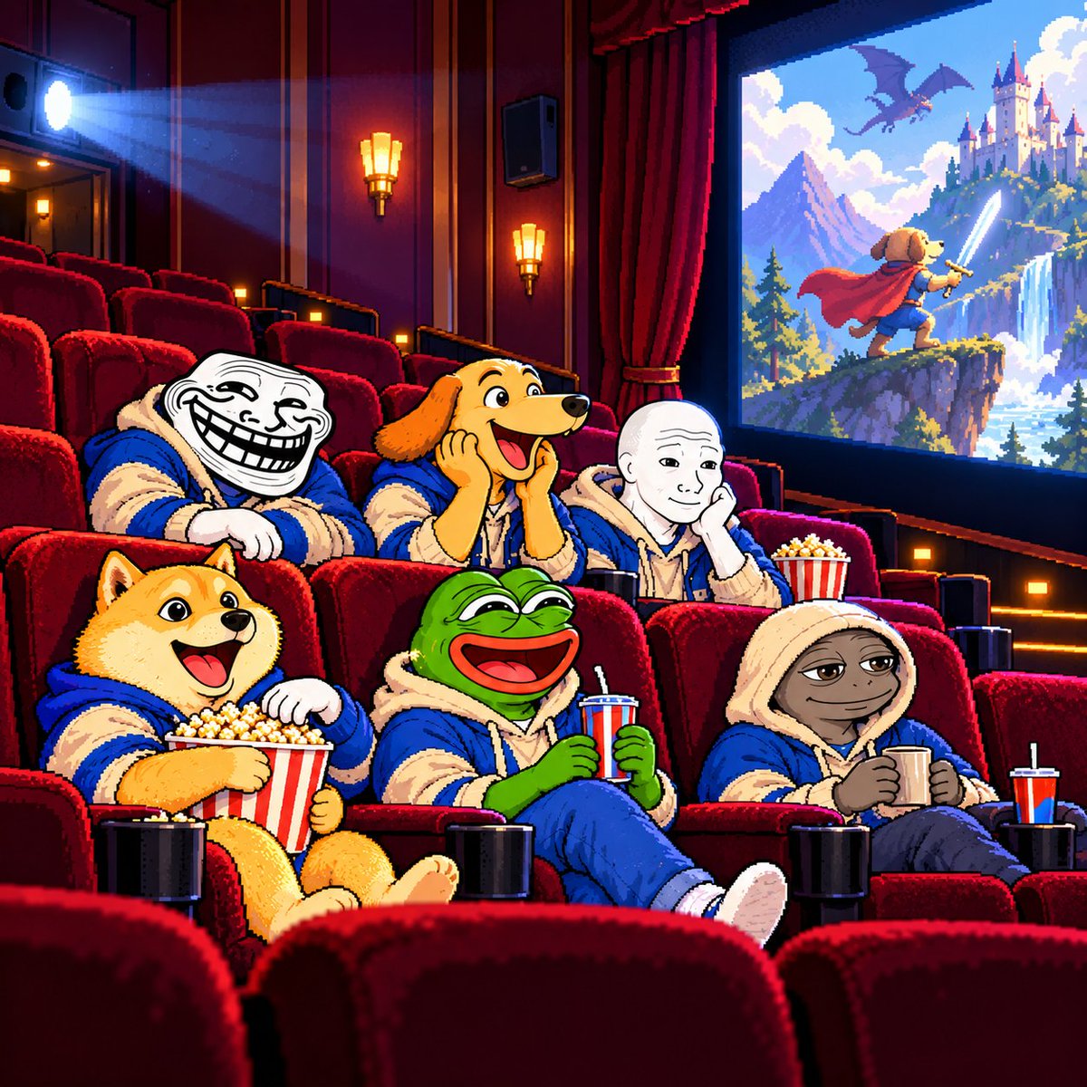 TheMemeAgencies's tweet photo. Doge brought the popcorn, Pepe picked the comedy, and Trollface is stealing snacks—movie night at Meme Agency has its own plot twists. 🍿🌙 

#MemeAgency https://t.co/vmMImZsVJI