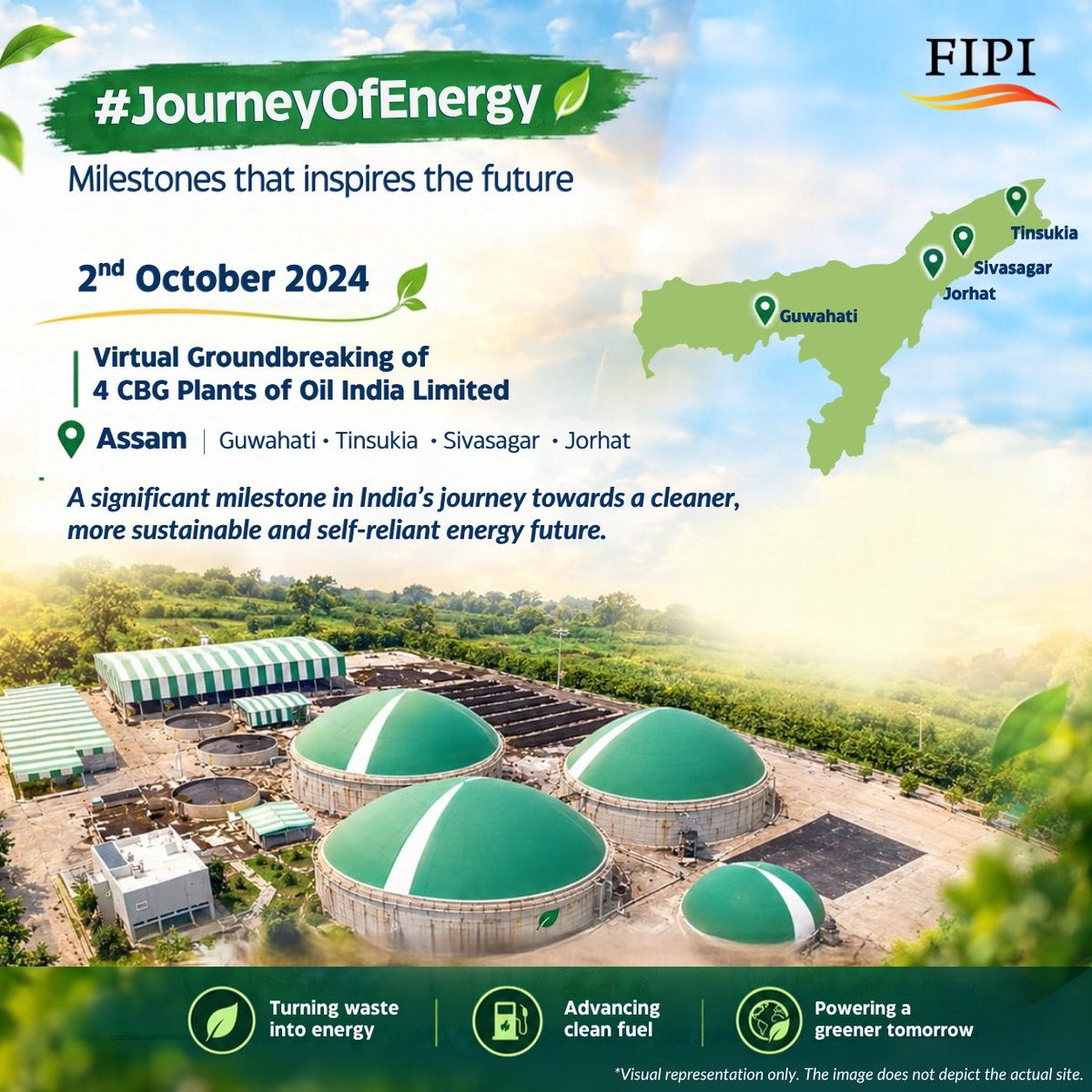 fipiind's tweet photo. India’s journey towards a cleaner and more sustainable energy future is powered by milestones that turn vision into action.

On 2 October 2024, a significant milestone was achieved as the Hon’ble Prime Minister Shri @narendramodi virtually inaugurated the groundbreaking of four CBG plants of @OilIndiaLimited in Assam, at Guwahati, Tinsukia, Sivasagar and Jorhat.

A step towards harnessing waste as a resource, expanding clean energy solutions and strengthening India’s journey towards a greener, more self-reliant energy future.

From vision to action. From milestones to momentum.

To read more click the link and turn to Page- 13 https://t.co/oYmFbtYmqU

#TuesdayTrivia #JourneyOfEnergy #GOBARdhan #CBG #CompressedBiogas #OilIndia #CleanEnergy #EnergyTransition #GreenEnergy #Assam 

@PMOIndia @HardeepSPuri @PetroleumMin @ChairmanIOCL @ChairmanONGC @ONGC_ @IndianOilcl @BPCLimited @HPCL @Cairn_Vedanta @bp @chennaipetro @gailindia @Ongc_Mrpl @NayaraEnergy @OilIndiaLimited @PetronetLNGLtd @RIL_Updates @EngineersIND @TechnipFMC @HMEL_India @NRL_MoPNG @Shell_India @AxensGroup @bakerhughesco @EY_India @exxonmobil_ind @IGLSocial @LanzaTech @larsentoubro @Jiobpofficial @SiemensIndia @topsoe_official @TotalEnergies @WorldLiquidGas @IGU_News @h2epower @IGX_India @Seros_IN @THINKGasIndia