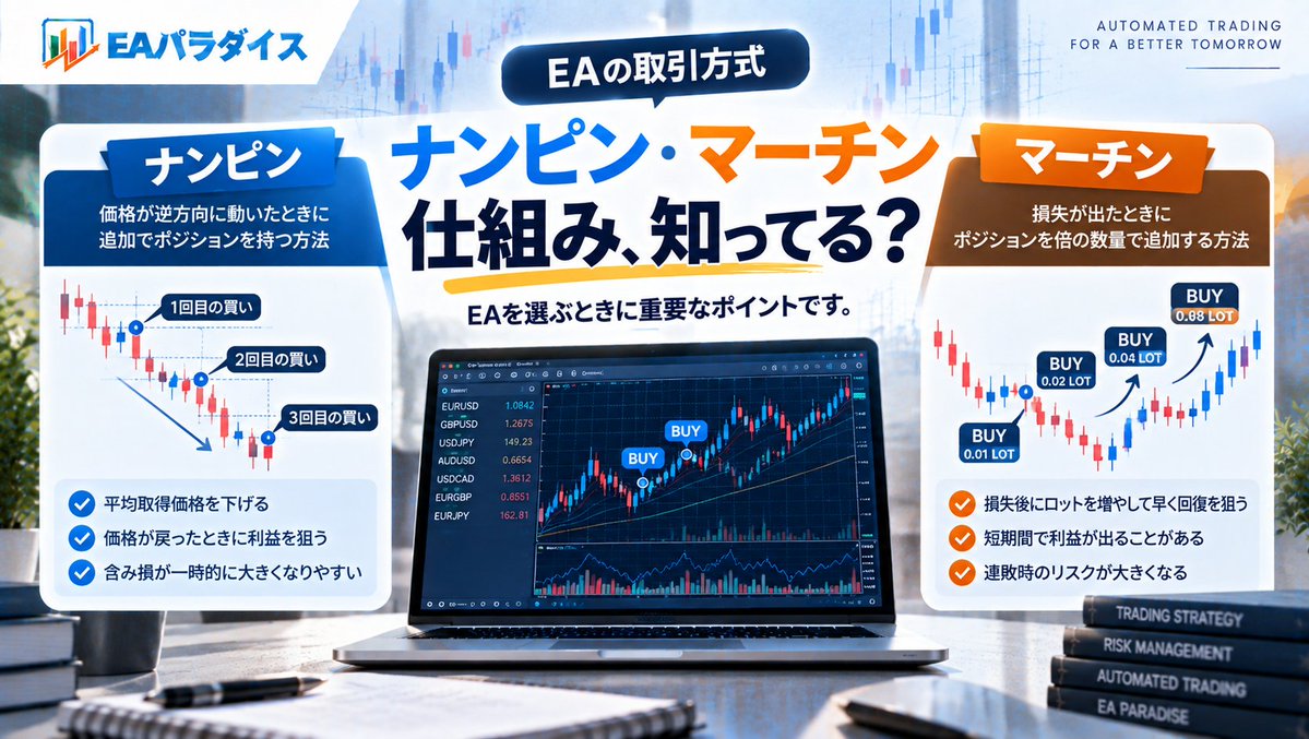 EA_Paradise's tweet photo. EAを探していると見かける、

「ナンピン」
「マーチン」

なんとなく聞いたことはあるけど、
仕組みまで理解していますか？

どちらもEA選びでは重要なポイント。

「利益が出ているから」で選ぶ前に、
そのEAが“どう取引しているのか”を知っておきましょう。

初心者向けにEAの仕組みを解説しています👇
https://t.co/zzOz7WMqzC

#EA #ナンピン #マーチン #FX自動売買 #FX初心者 #EAパラダイス