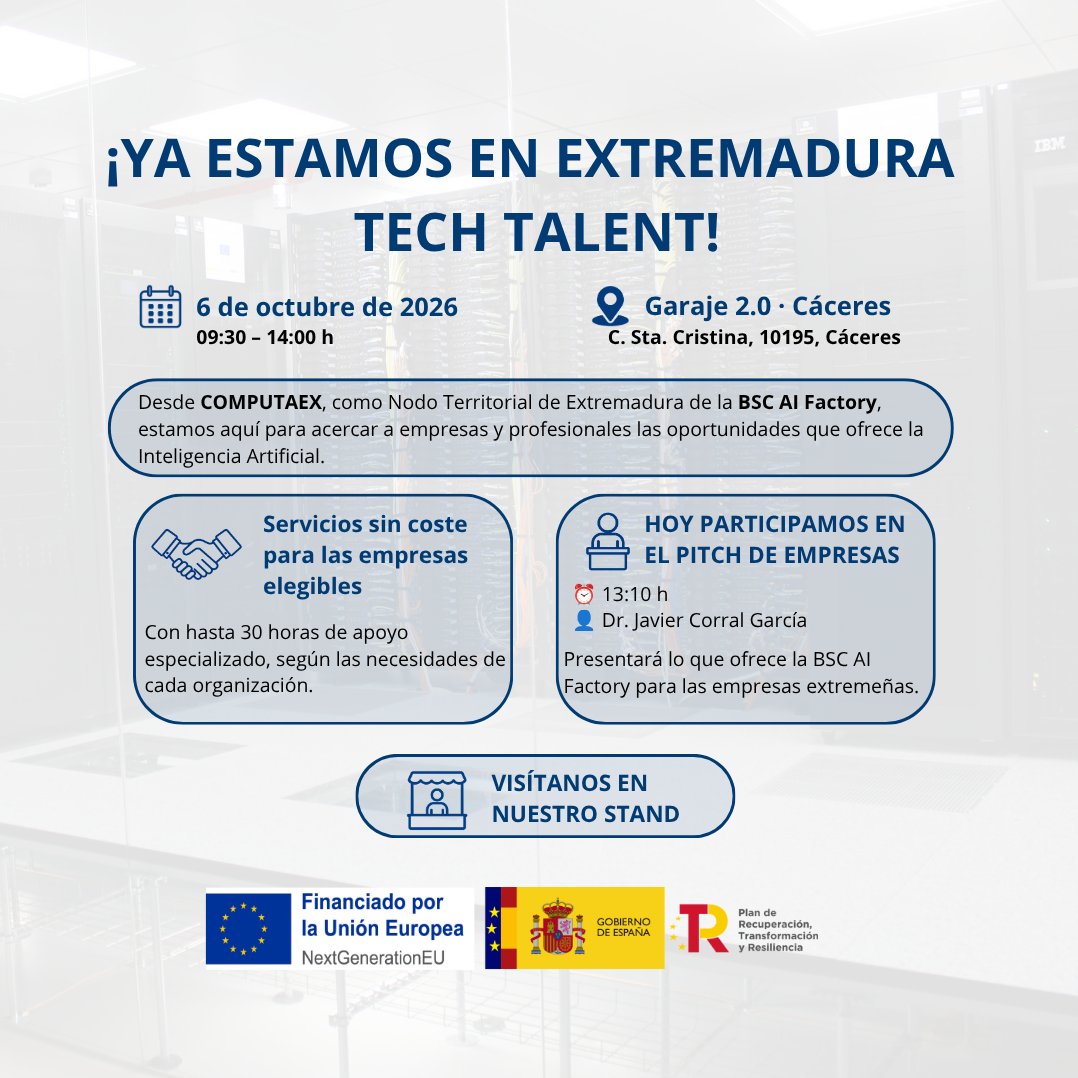 computaex's tweet photo. 🚀 ¡Ya estamos en #ExtremaduraTechTalent!

Desde COMPUTAEX acercamos las oportunidades de la BSC AI Factory a empresas y profesionales.

🤖 IA | 🖥️ Supercomputación | 📊 Datos
🎤 Hoy, a las 13:10 h, Javier Corral participará en el pitch.
📍 ¡Ven a nuestro stand!

#AIFactory #IA https://t.co/MGlqfRSGRe