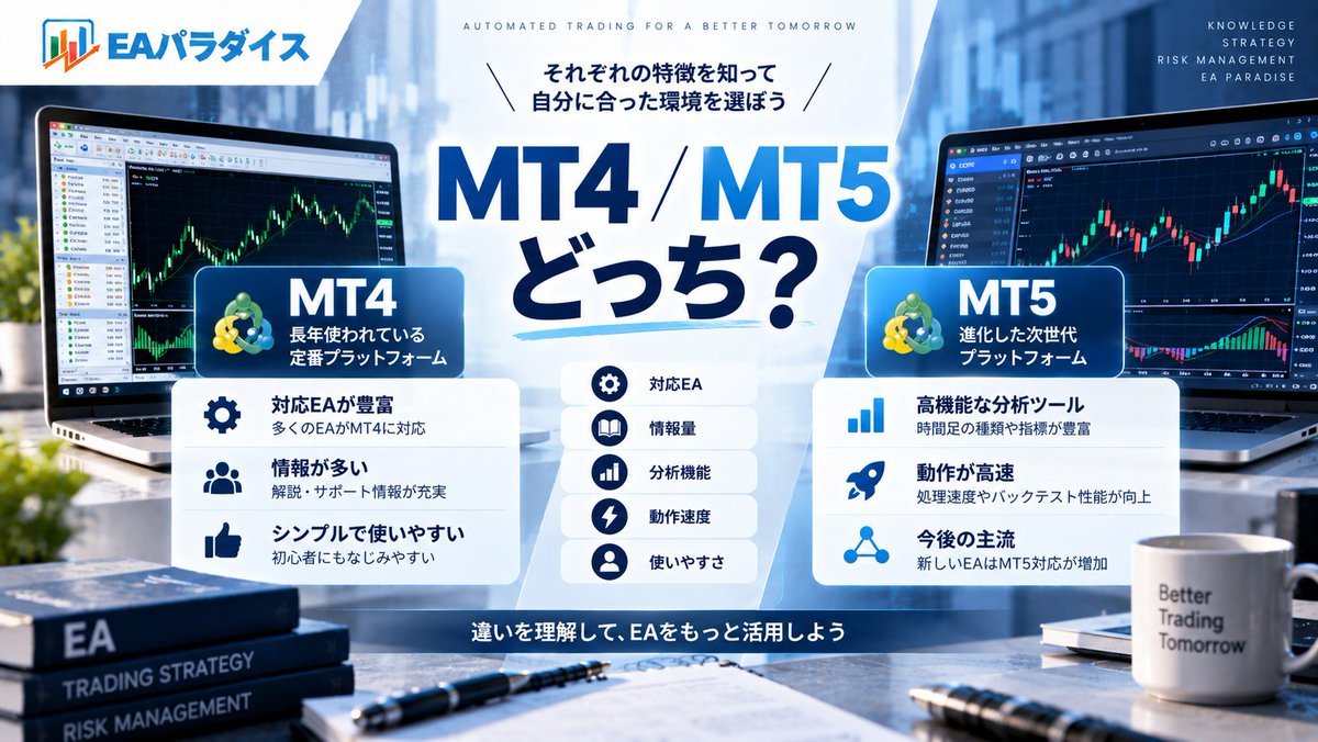 EA_Paradise's tweet photo. MT4用EAをMT5に入れたら動く？

答えは「動きません」。

MT4版 → EX4
MT5版 → EX5

基本的に互換性はありません。

EAをダウンロードする前に、
まず「MT4版・MT5版」の確認を。

意外と最初につまずきやすいポイントです。

MT4とMT5の違いはこちら👇
https://t.co/Mnni4H6mNd

#MT4 #MT5 #EA #FX自動売買 #FX初心者 #EAパラダイス