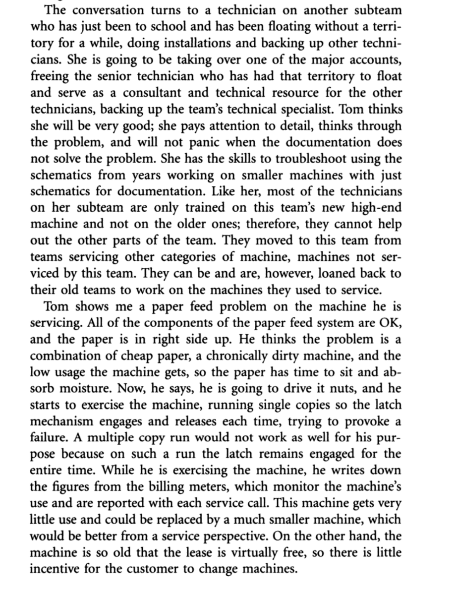 emollick's tweet photo. When people talk about AI easily replacing workers, I think about this ethnography of copier repair technicians in the 1990s.

You see how work is complicated and improvised by workers and informal and badly documented.

(But eventually technology did largely eliminate this job) https://t.co/DHGW060pUK