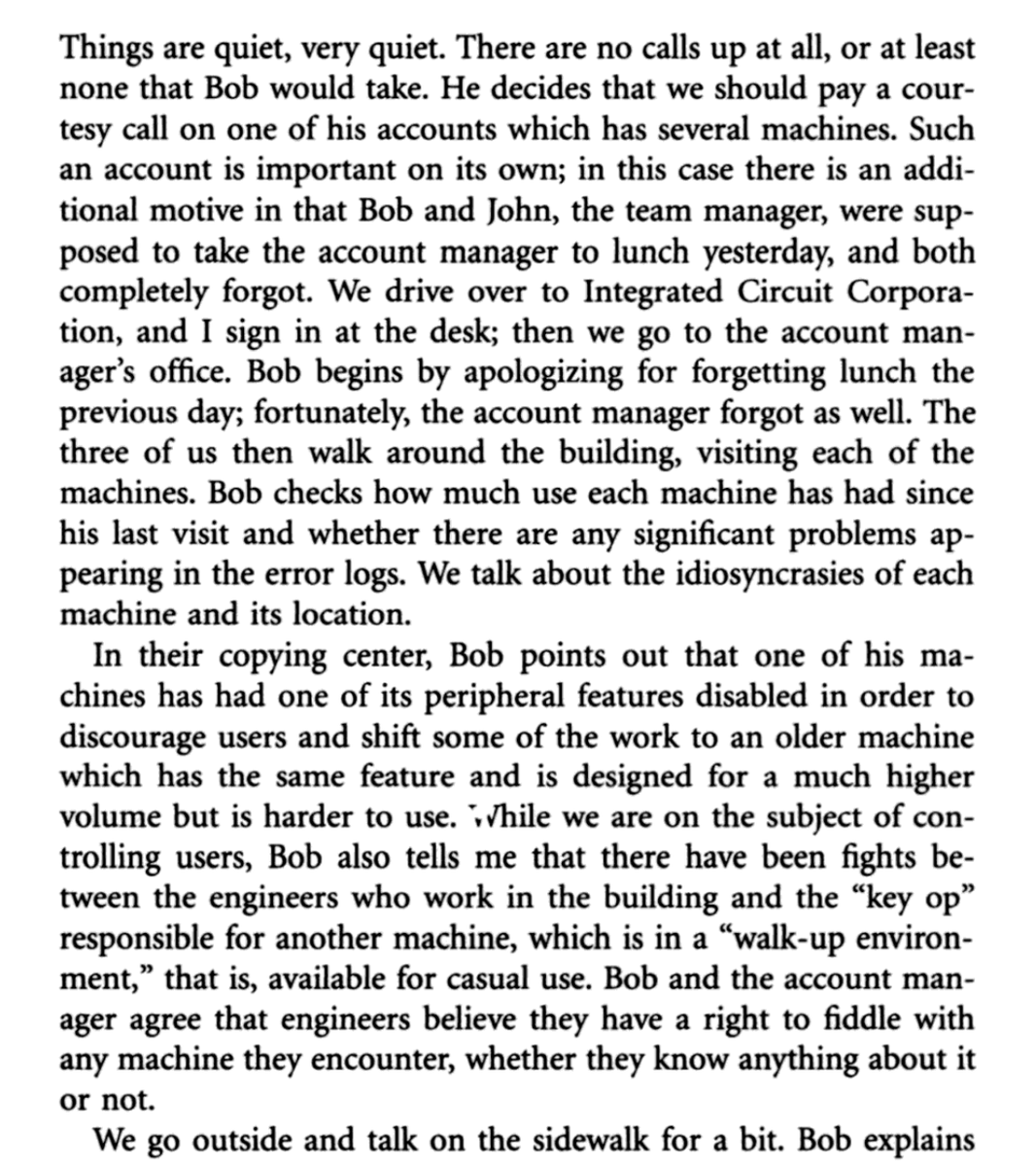 emollick's tweet photo. When people talk about AI easily replacing workers, I think about this ethnography of copier repair technicians in the 1990s.

You see how work is complicated and improvised by workers and informal and badly documented.

(But eventually technology did largely eliminate this job) https://t.co/DHGW060pUK