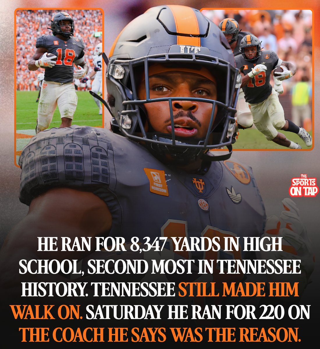 thesportsontap's tweet photo. DeSean Bishop ran for 8,347 yards at Karns High School.

That is the second most in the history of Tennessee high school football.

He got two scholarship offers.

Coastal Carolina and Appalachian State. That was the entire list.

He also scored 102 touchdowns, third most in state history. He won Mr. Football in 5A two years in a row. He ran for 3,179 yards as a junior and 2,413 as a senior.

Two offers.

He committed to Coastal Carolina in July of 2022. Then the head coach there left for Liberty, and Bishop was back to nothing.

Karns High School is in Knoxville. So is the University of Tennessee.

The Tennessee Volunteers offered him a walk-on spot. No scholarship. Pay your own way.

He took it in December of 2022.

Alex Golesh was Tennessee's offensive coordinator in 2021 and 2022, the stretch when Bishop was coming through.

Bishop got hurt in camp and redshirted in 2023. In 2024 he was the backup and got 74 carries for 455 yards.

In January of 2025, Tennessee finally put him on scholarship.

That fall he started 13 games, ran for 1,076 yards and 16 touchdowns, made second team All SEC, and got nominated for the Burlsworth Trophy, which goes to the best player in college football who started out as a walk-on.

Golesh had left for South Florida to be a head coach. Then on November 30, 2025, the Auburn Tigers hired him to run their program.

Which meant that on Saturday, Alex Golesh brought Auburn into Neyland Stadium.

Tennessee wore Smokey Grey throwbacks with the old leather helmet stripes to honor General Robert Neyland.

And then it almost went wrong.

Tennessee trailed 7 to 3 at halftime. They had to pull their starting quarterback, Faizon Brandon, late in the second quarter and send out George MacIntyre instead.

So they stopped being clever and just handed DeSean Bishop the football. Over and over.

34 carries. 220 yards. Touchdown runs of 25, 44 and 5.

Tennessee ran for 237 yards as a team. Bishop had 220 of them.

No Tennessee player had gone for 200 in a game since Eric Gray in 2019.

Tennessee won 24 to 14.

Afterward he did not pretend it was a normal Saturday.

"I can't lie, this game was personal for me. Golesh was a big reason I was a walk-on. I wanted them to feel what they were missing."

Monday they named him SEC Co-Offensive Player of the Week. He has now scored a touchdown in seven straight games.

Tennessee is 4 and 1. Auburn is 3 and 2.

He is 21 years old. He grew up in the same city as the school that would not give him a scholarship, and he is now the best player on its team.

Second most rushing yards in the history of high school football in his own state. Two offers, neither one of them from home.

220 on Saturday.