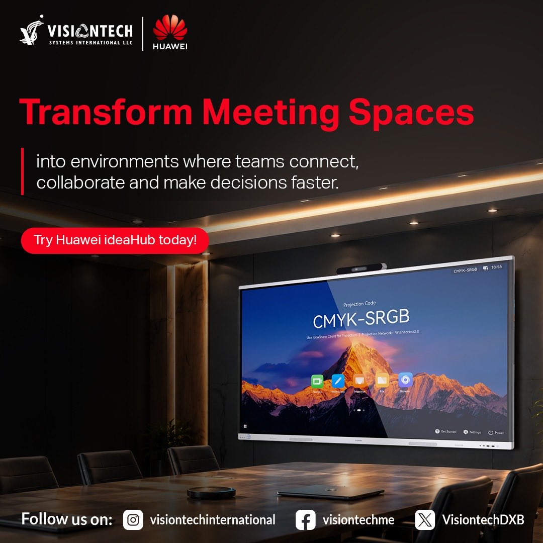VisiontechDXB's tweet photo. As a Huawei IdeaHub Elite Partner, Visiontech helps organisations transform meeting spaces into environments where teams connect, collaborate and make decisions faster.

Your next meeting could be smarter. Let’s make it happen.

#Huawei #HuaweiIdeaHub #IdeaHubS3 #SmartOffice https://t.co/qo2GYNKqG2
