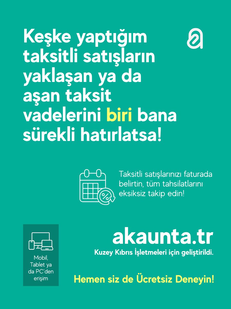 akauntatr's tweet photo. Taksitli satışlarınızı faturanızı oluştururken peşinay ve taksit sayısı ile belirtin, vadesi yaklaşan ya da geçen tüm tahsilatlarınızı eksiksiz takip edin. 

​✅ Vadesi yaklaşan ya da aşan taksitleri görüntüle
✅ Faturaya entegre taksitlendirme sistemi
✅ Mobil, Tablet ve PC'den her an erişim imkanı  

Bugün ücretsiz denemeye başlayın!
https://t.co/n6UMpMtBGL