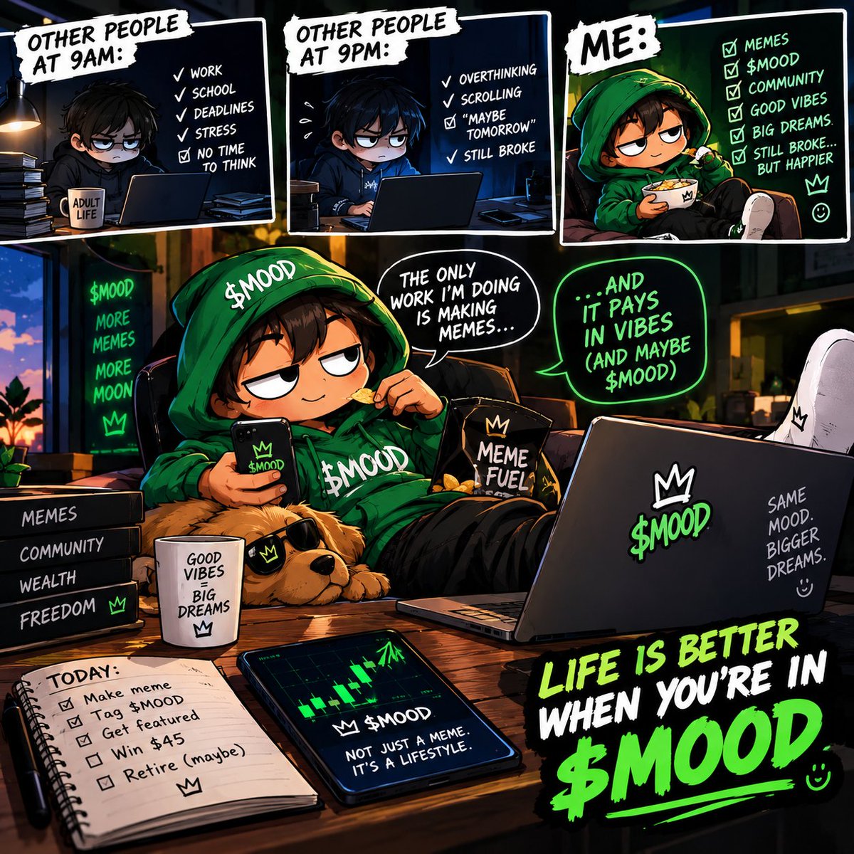 PhilFi_'s tweet photo. 9–5: work, stress, deadlines.
9–9: overthinking everything.
Me: making memes, eating snacks &amp; staying in $MOOD. 😂🟢
The only work I’m doing is making the timeline laugh.
$MOOD isn’t just a mood. It’s a lifestyle. 👑
@itsmoodcoin
#MOODMEMECONTEST https://t.co/OYmQ2W0i4l