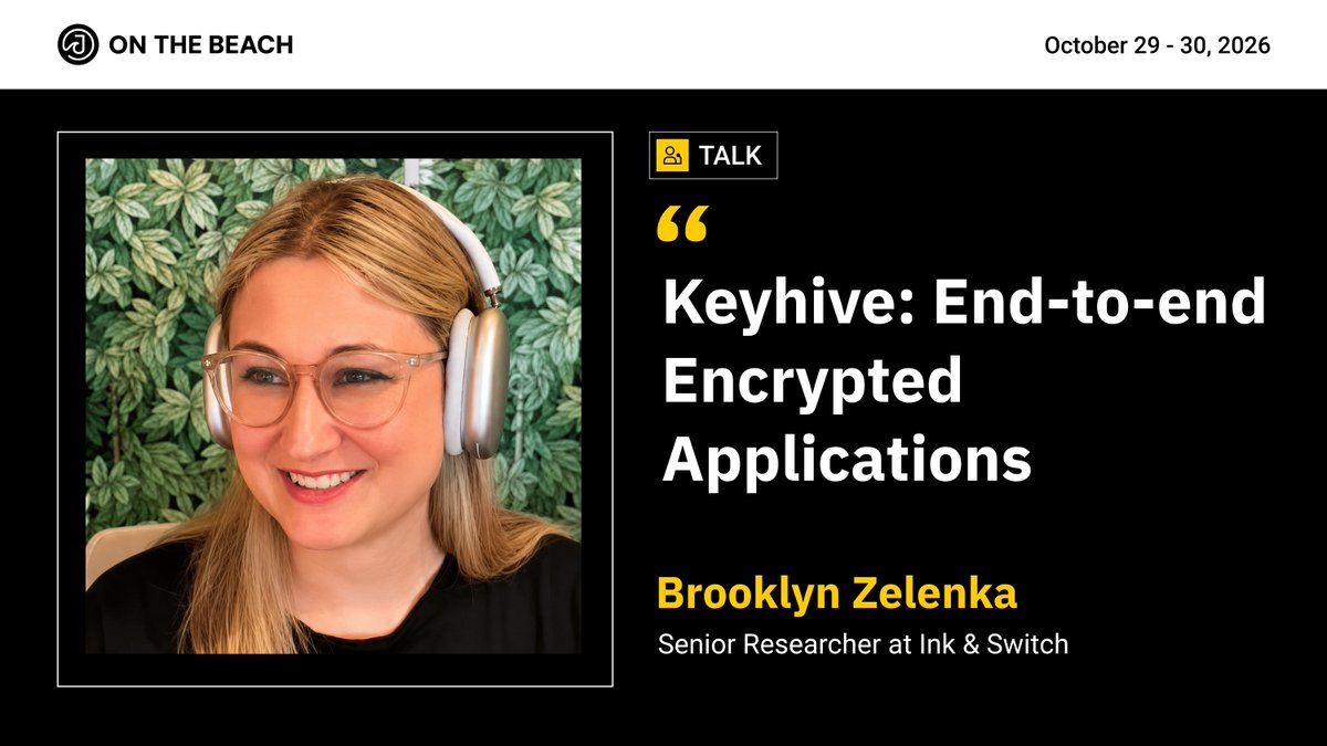 JOTBConf's tweet photo. Two years later, Brooklyn Zelenka is back at J On The Beach.

Her talk on Keyhive: think Signal for documents. Local-first collaboration with end-to-end encryption, where permissions travel with the data.

📍 Torremolinos · Oct 29–30

#LocalFirst #Privacy #Scale #Security #Auth https://t.co/NUD5U2xCmM