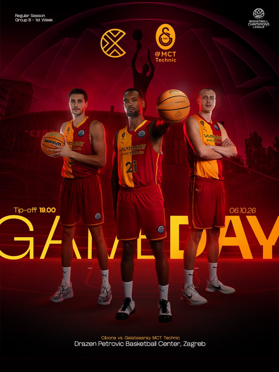 GSBasketbol's tweet photo. Maç Günü  @BasketballCL 
B Grubu / 1. Hafta
Cibona X Galatasaray MCT Technic
Hava Atışı 19.00 ▪️ Tabii Spor 6
Drazen Petrovic Basketball Center, Zagreb 📌
#AslanGibiSavaş 🦁 https://t.co/7BmCvnLaOk