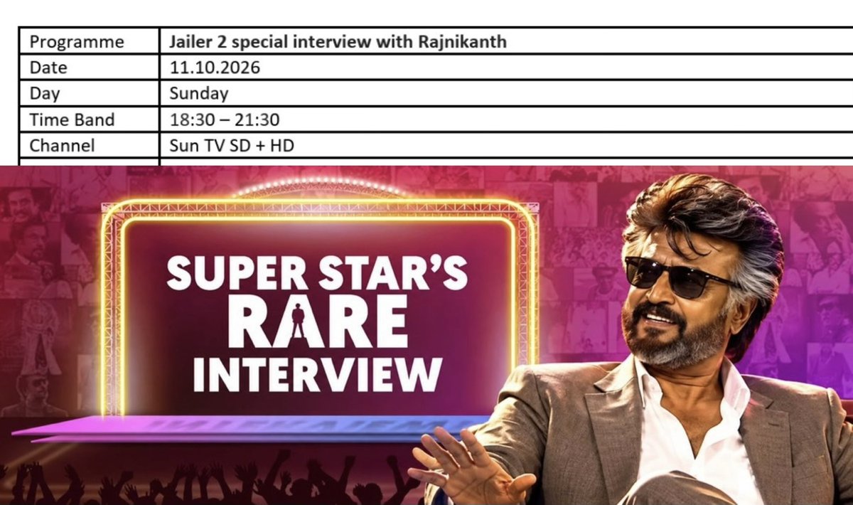 surbalu's tweet photo. Podu 🔥🔥🔥🔥 11.10.26 #SuperstarRajinikanth special #Jailer2 interview schedule 6:30-9:30 PM 

Prime slot 🔥🔥🔥🔥🔥🔥 https://t.co/adwy8RhYXc