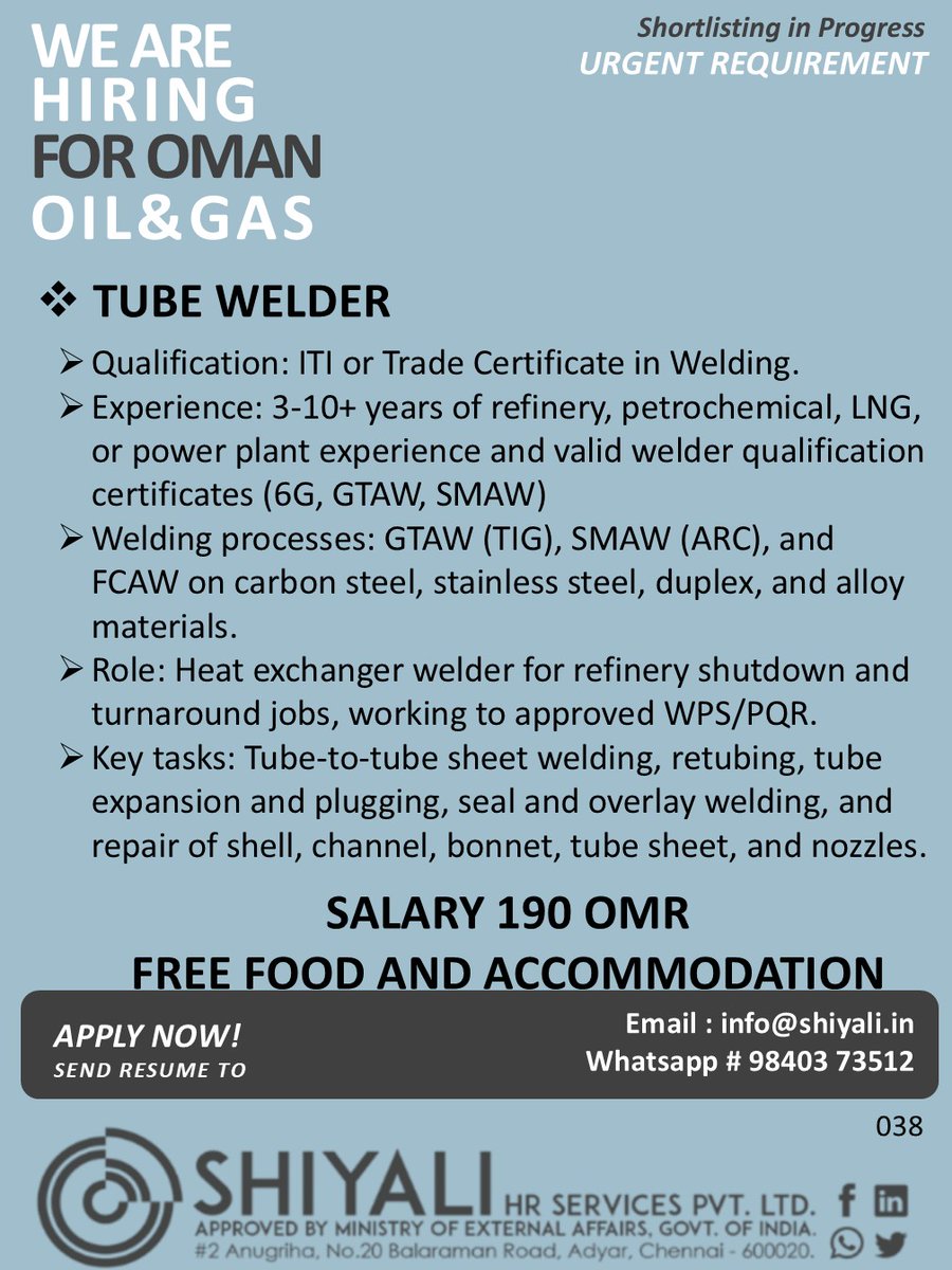 shiyali_HR's tweet photo. #job
#gulfjobseekers
#gulfjobs
#hiringnow
#gulfjobcareers
#work
#opportunity
#Job seeker
#recruiting
#employment
#overseas
#oilandgas
#urgentrecruitment
#abroadjobs
#gccvacancy
#tubewelder
#heatexchanger https://t.co/udO3X7ki8h