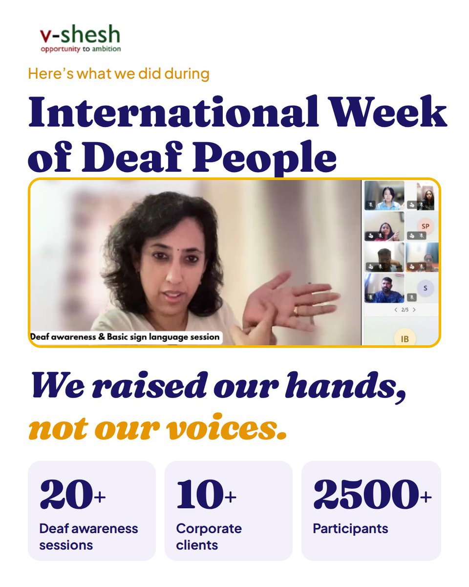 vsheshco's tweet photo. Last month, as we celebrated International Week of Deaf People, we took the opportunity to bring Deaf awareness and sign language into more workplaces and conversations. 
We conducted 20+ Deaf awareness sessions, engaged with 10+ corporate clients, and reached 2,500+ participants https://t.co/2TEAZ0bB2U