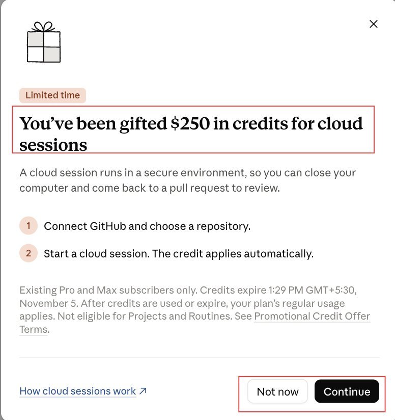 Claude cloud-session credit claim flow showing a time-limited workaround for background execution capacity