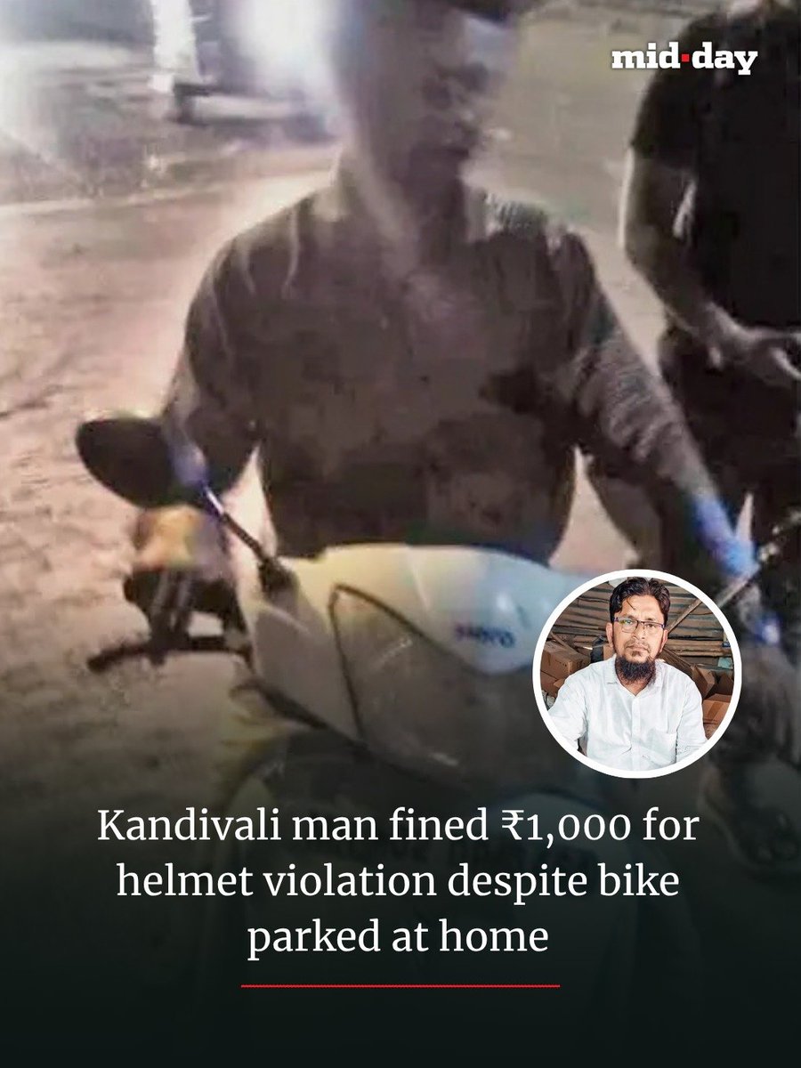 mid_day's tweet photo. A Kandivali mechanic was fined Rs 1,000 for a helmet violation, despite claiming his Hero motorcycle was parked outside his home when the challan was issued.

✍🏻: @Khanmidday

Read more: https://t.co/mkBrMBVnqy https://t.co/QHaoKWJxFJ