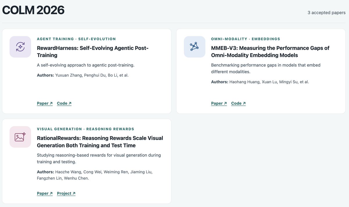 WenhuChen's tweet photo. A bit late to the party: TIGER-Lab has 6 NeurIPS and 3 COLM papers. Our students and collaborators will appear at COLM in SF to present RewardHarness @ReacherZhang @DongfuJiang , MMEB-V3 @RuiMeng_ and RationalReward @haozhewang @CongWei1230 @wmren993
Feel free to say hi to them.
