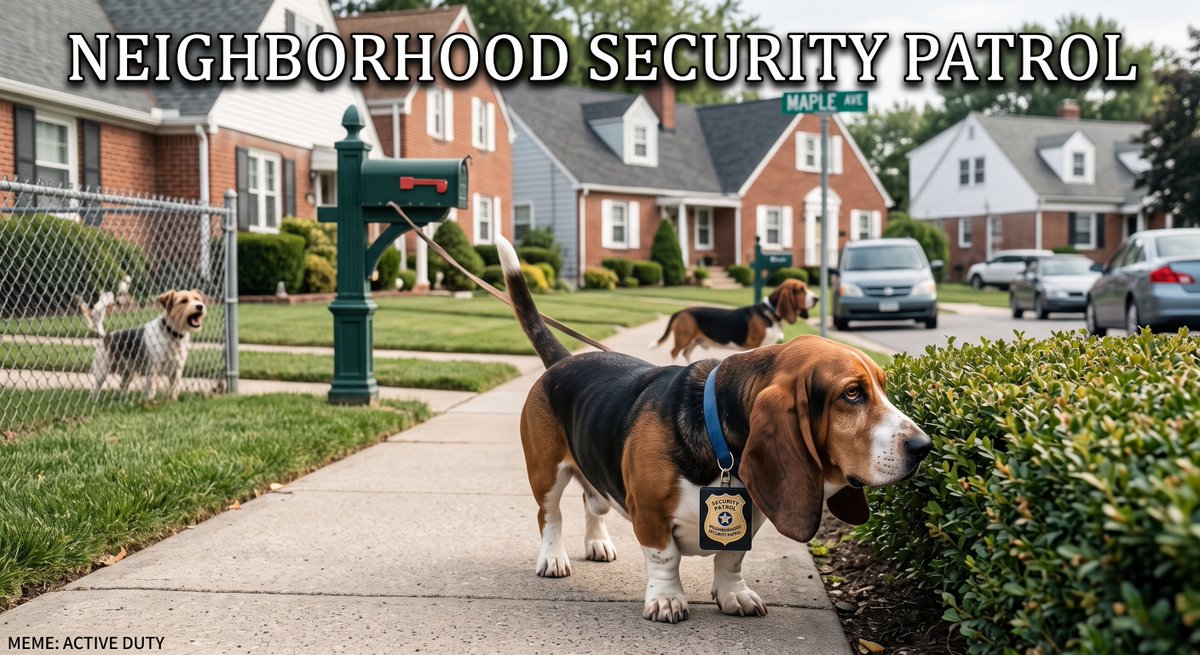 CarlosMerritte's tweet photo. Neighborhood Security Patrol Caption: Every neighborhood has that one security officer who takes the job a little too seriously. ๐จ๐ถ
#BassetHoundLife #FunnyDogs #DogMemesDaily #PetComedy #DogPatrol #DogCommunity #AnimalHumor #BassetHoundWorld https://t.co/4kHEZwbwyL